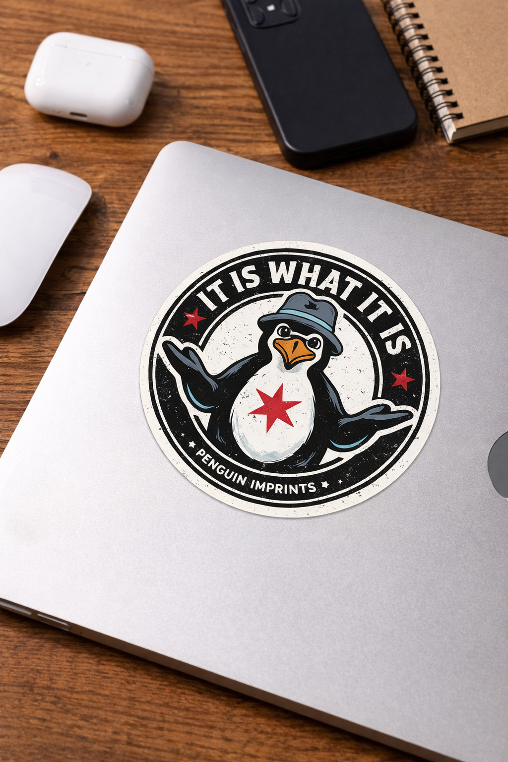 Sticker on a laptop featuring a cartoon penguin with a gray fedora hat and glasses, with the text "It Is What It Is" and "Penguin Imprints" surrounding it.