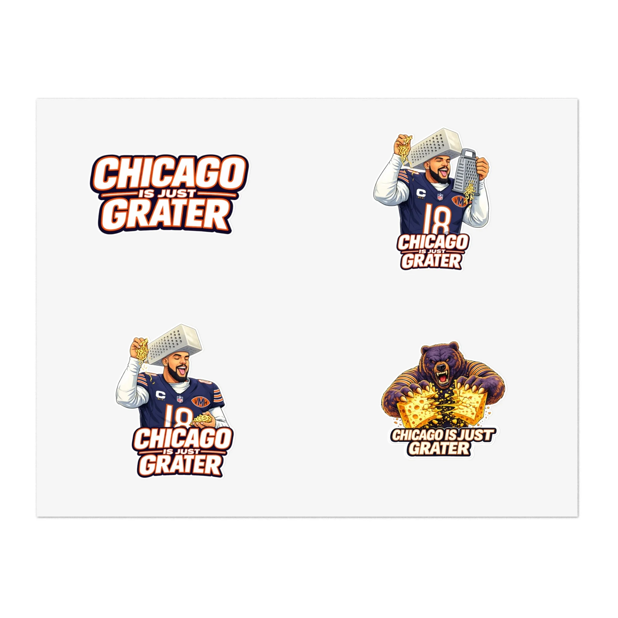 Collection of four stickers with Chicago Bears theme; one says 'Chicago is just Grater' with a bear holding cheese, two feature a man in football jersey with cheese, and one shows a bear with cheese