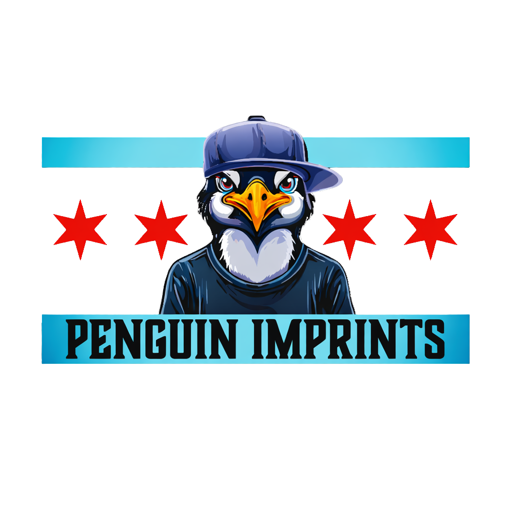 A logo featuring an anthropomorphic eagle with a serious expression, wearing a blue baseball cap and jacket, with the text 'Penguin Imprints' below it. Red stars are in the background.
