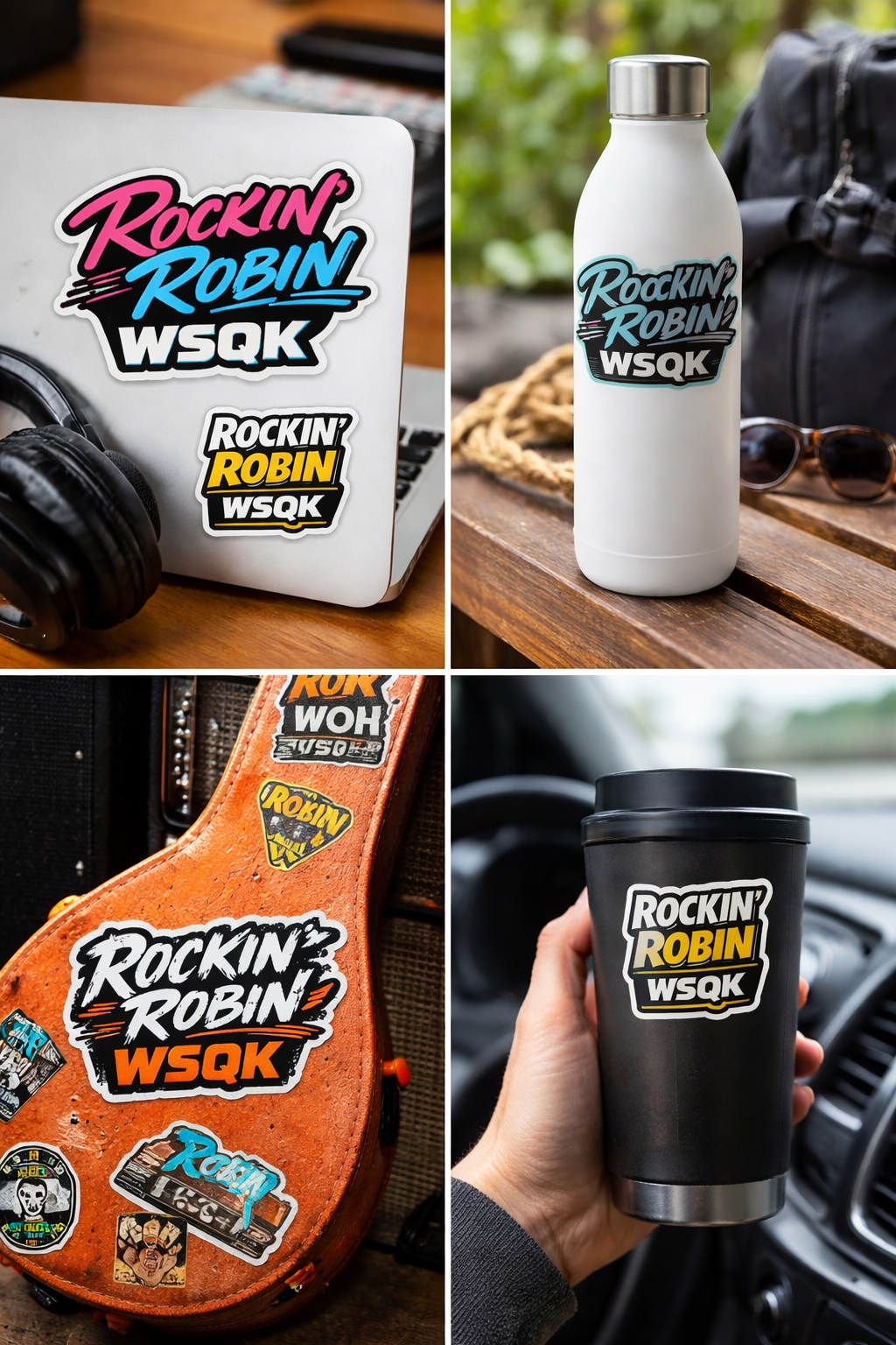 Four images featuring stickers and merchandise with the 