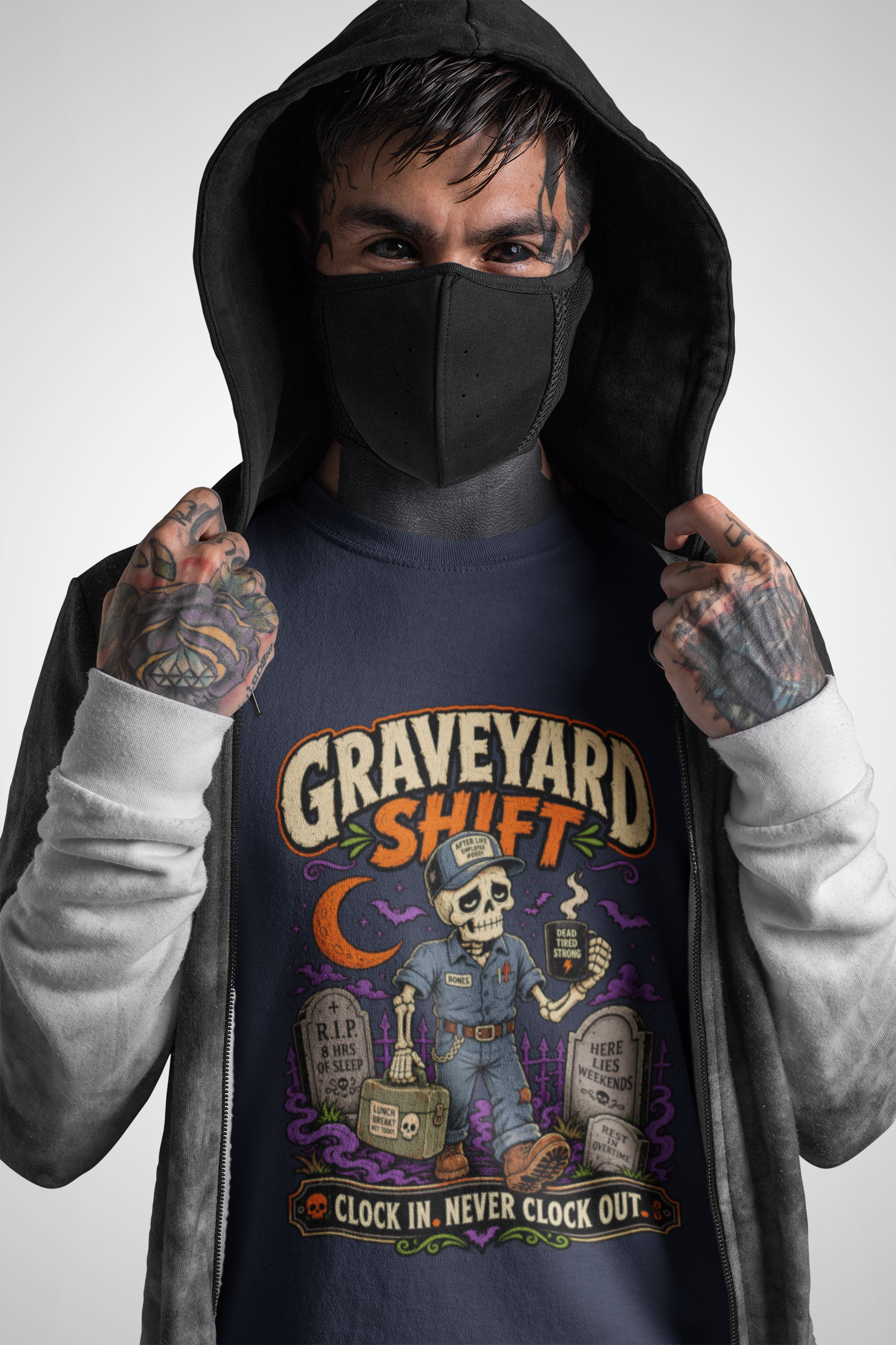 Graveyard Shift Shirt | Funny Skeleton Worker Halloween Tee | Clock In Never Clock Out Graphic Shirt