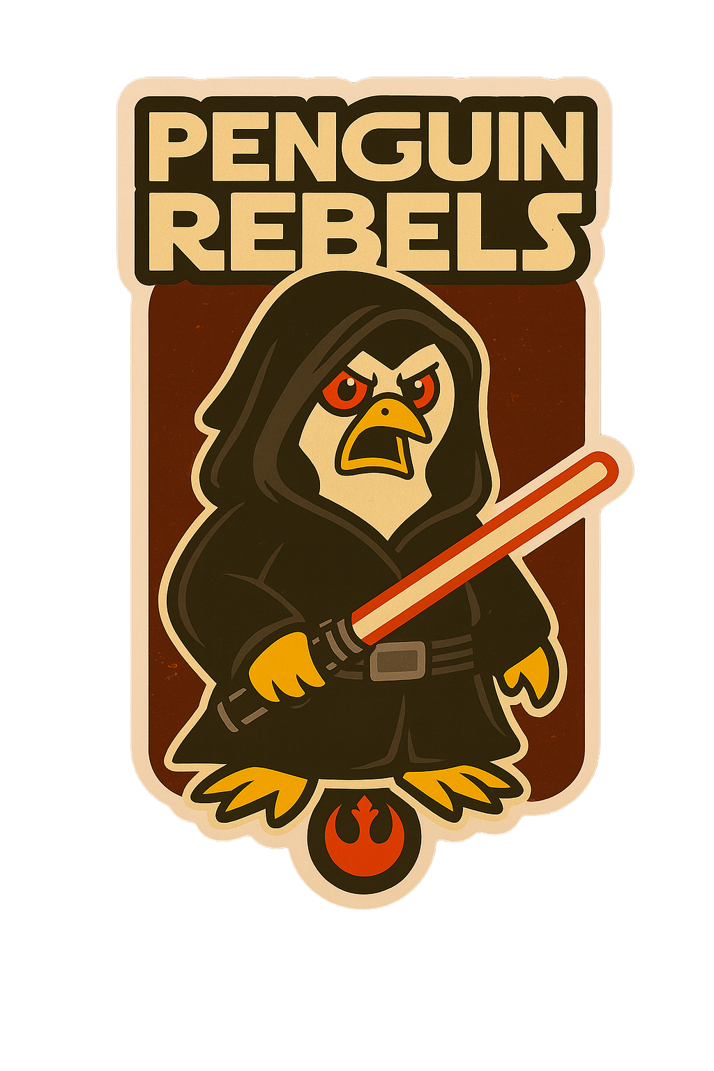 A sticker featuring an angry cartoon penguin dressed as a Jedi with a lightsaber, titled 'Penguin Rebels'.