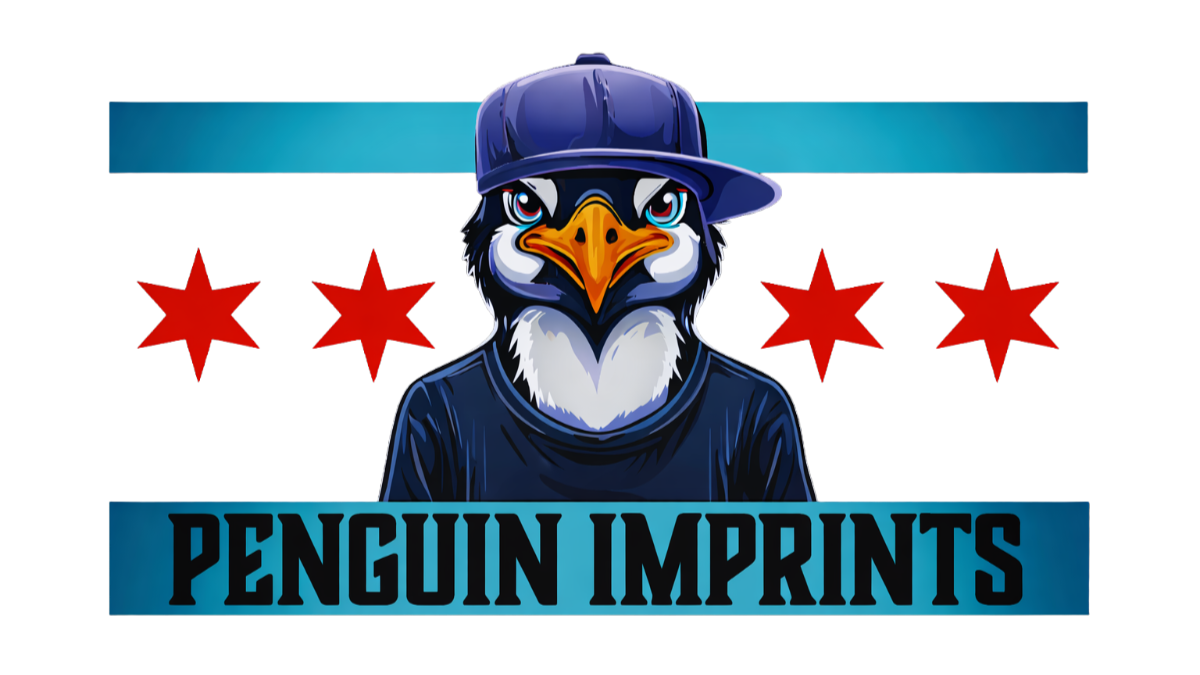 A graphic logo featuring a penguin wearing a blue baseball cap and a dark blue hoodie, with a serious expression, standing in front of a black background with red stars and the text "Penguin Imprints" below.
