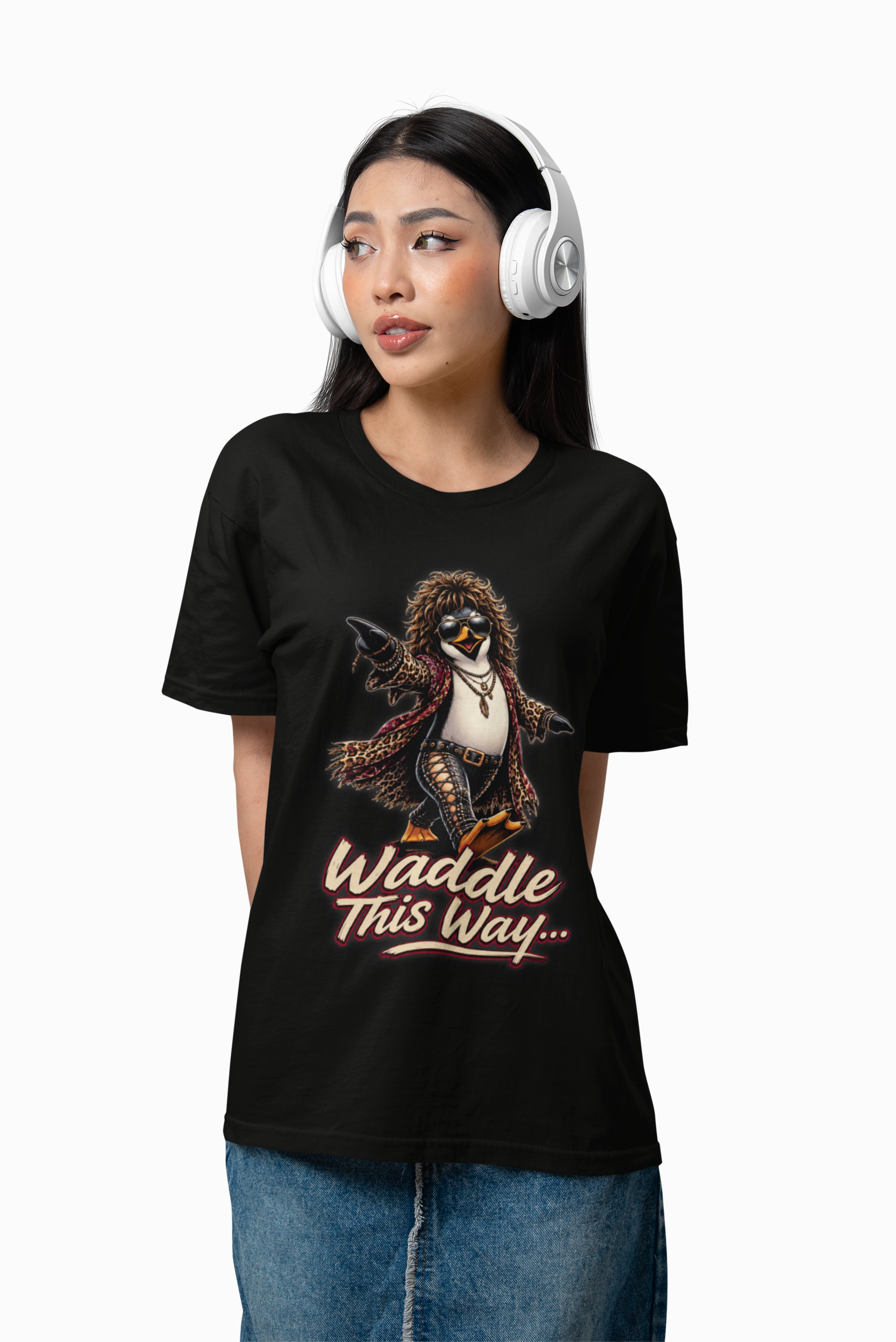 Waddle This Way Tee | Funny Rock Penguin Shirt | Glam Rock Parody Graphic Tee | Vintage Music Fan Gift