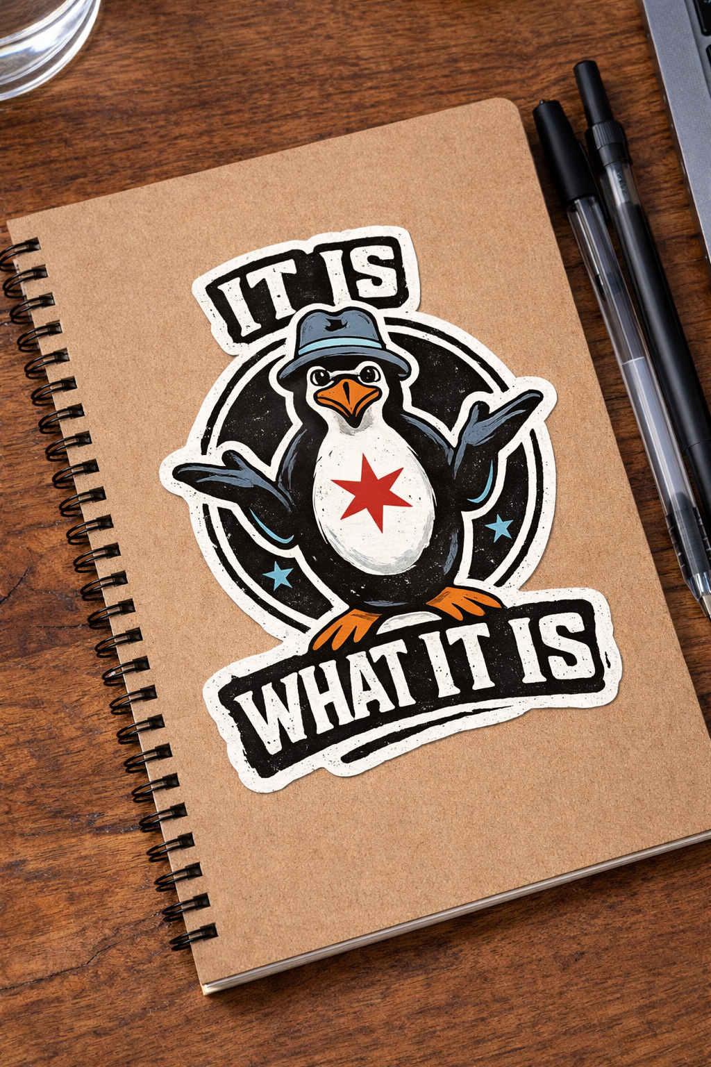 A sticker on a brown notebook features a cartoon penguin wearing a blue hat, with its wings open, and a red star on its chest. The text above the penguin reads "IT IS" and below it "WHAT IT IS".
