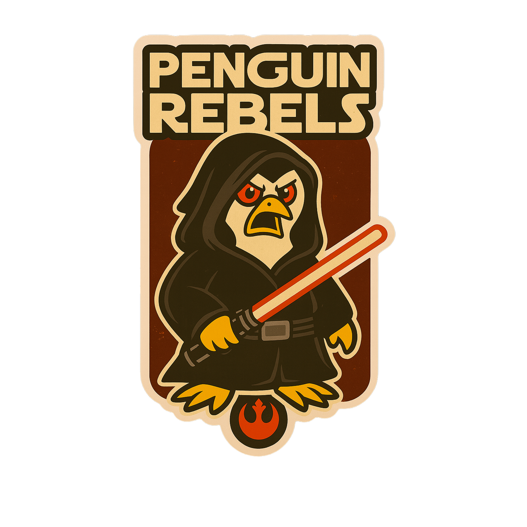 A cartoon illustration of a penguin dressed as Darth Vader holding a red lightsaber, with the text 'Penguin Rebels' above and a Rebel Alliance logo beneath.