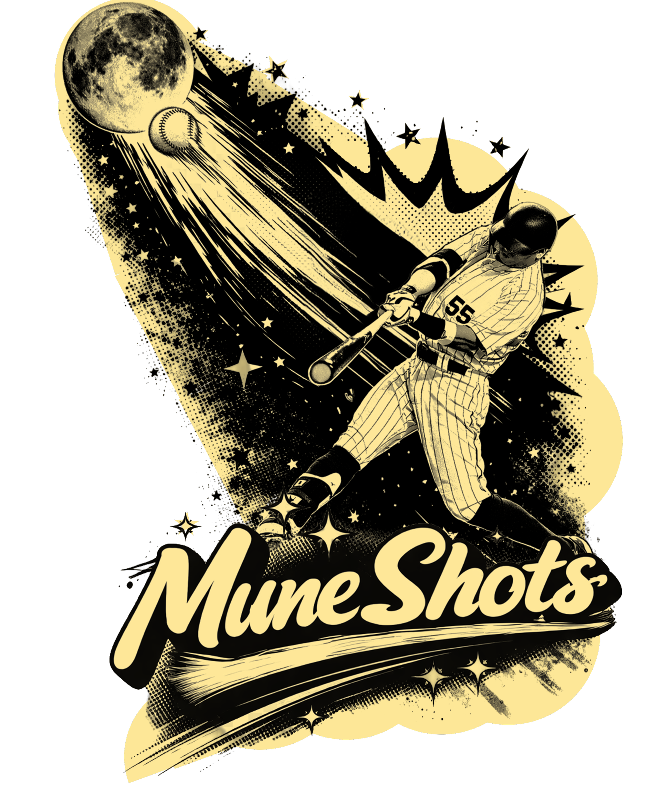 A stylized graphic of a baseball player swinging a bat in space with a moon, stars, and cosmic trails, featuring the text 'Mune Shots' in bold, vintage style.