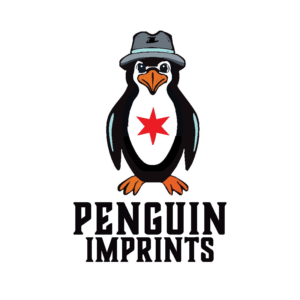 A cartoon penguin wearing a gray fedora hat and glasses, with an orange beak and feet. The penguin has a white belly with a red six-pointed star on it. Below the penguin, the text says 'Penguin Imprints' in bold black letters.
