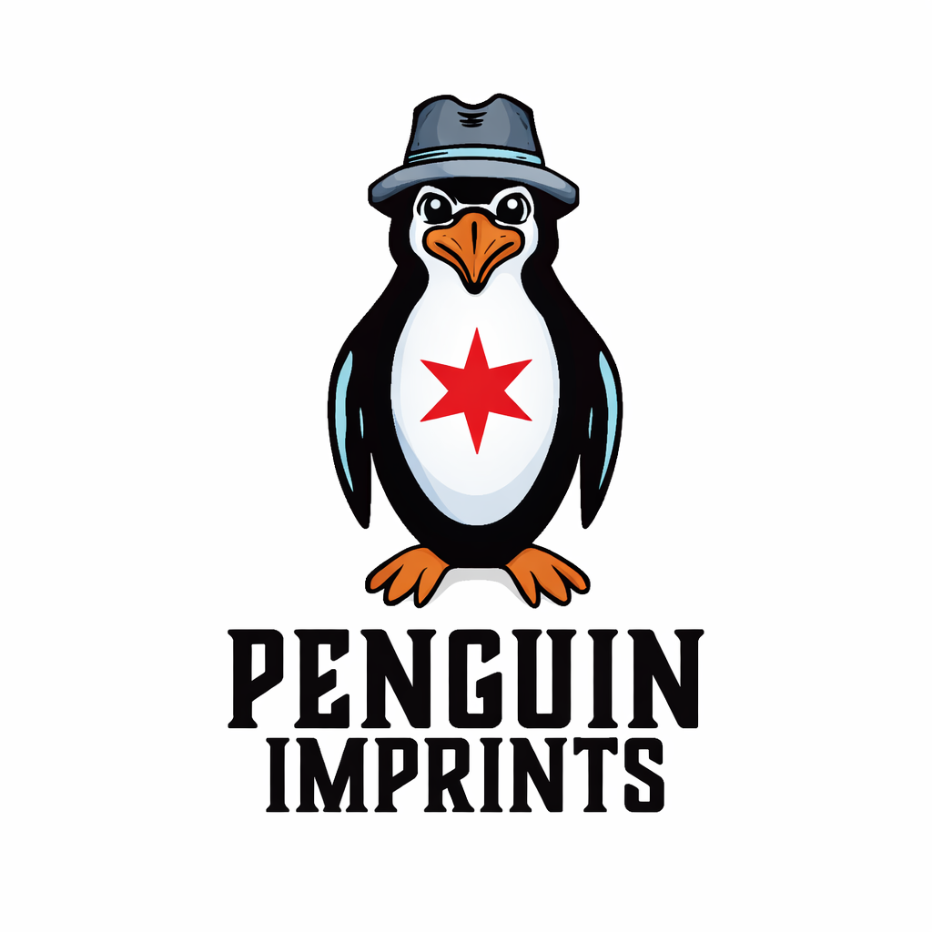 A cartoon penguin wearing a gray fedora hat, with a red star on its chest, and the text 'Penguin Imprints' below.