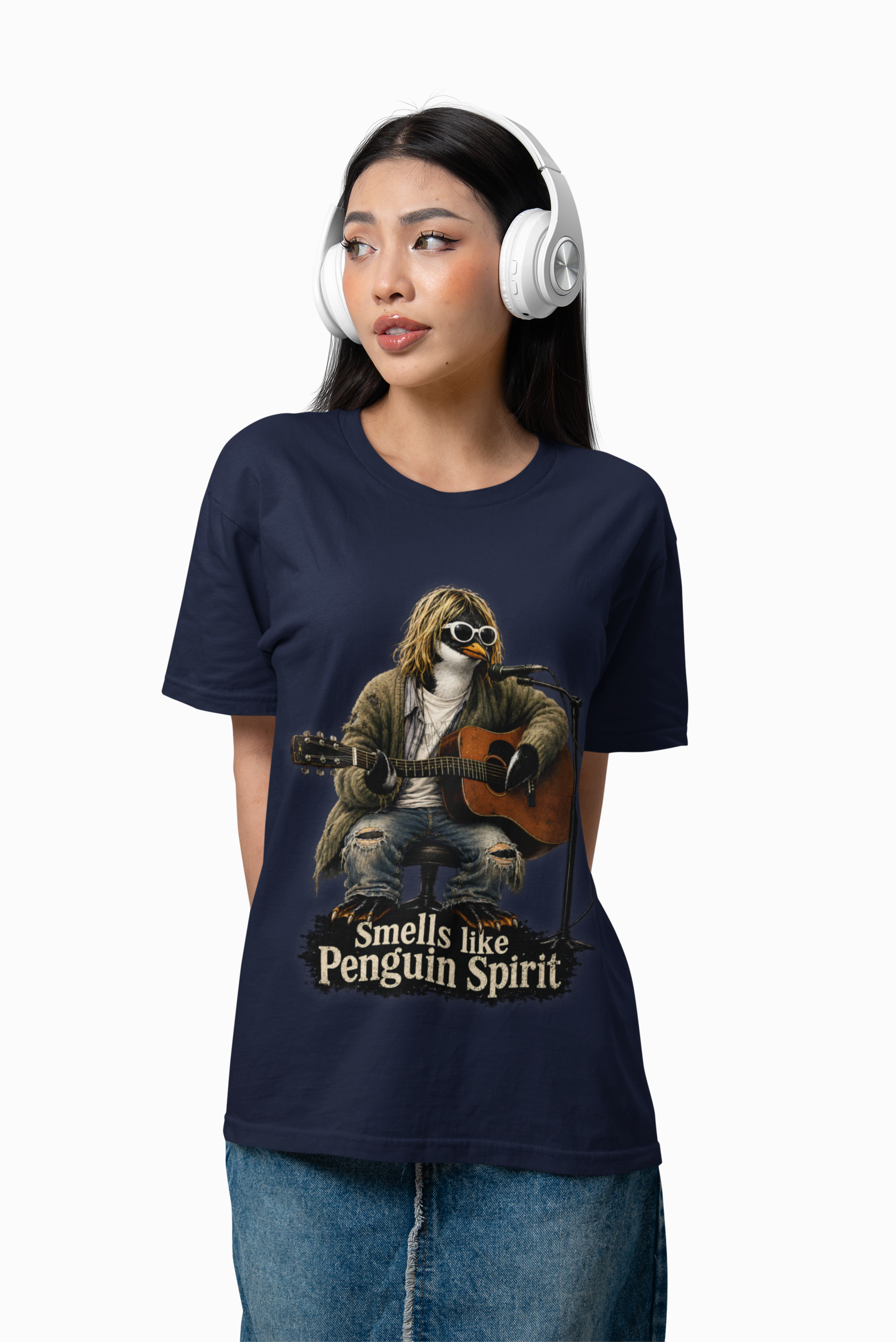 Smells Like Penguin Spirit Tee | Funny Grunge Penguin Parody Shirt | 90s Rock Inspired Graphic Tee | Music Fan Gift