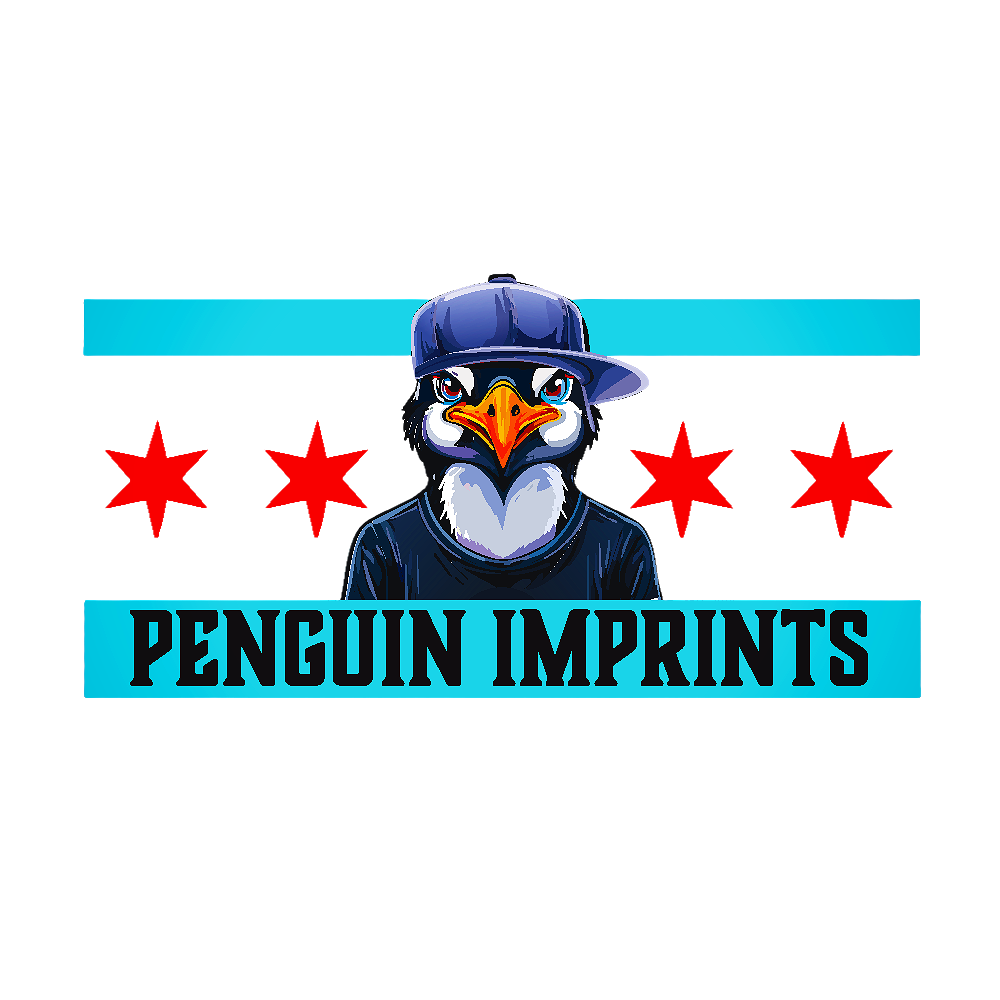 A cartoon penguin wearing a blue baseball cap and a black shirt, with a stylized American flag and three red stars in the background, along with the text 'Penguin Imprints' in bold blue letters on a blue banner.