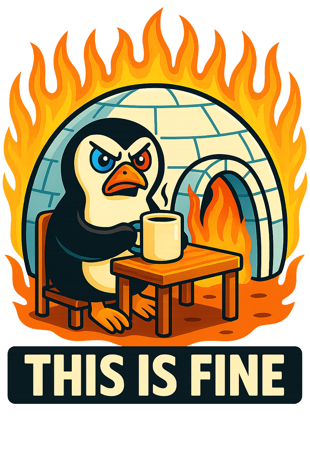 Cartoon penguin with an angry expression sitting in front of a burning igloo, drinking coffee, with flames around. Caption reads 'THIS IS FINE'.