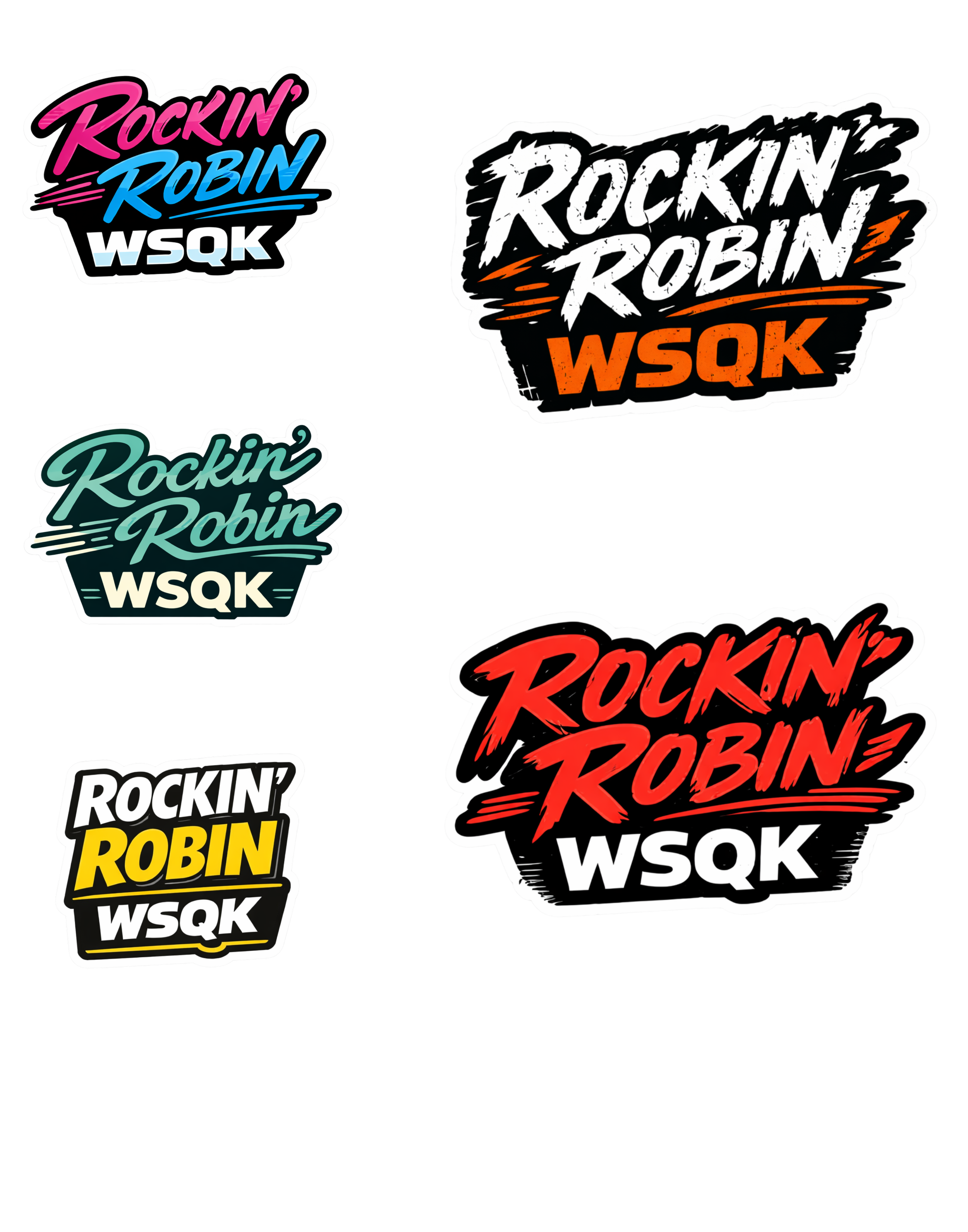 Collection of five colorful stickers with the text 'Rockin' Robin WSQK' in various color schemes and styles.