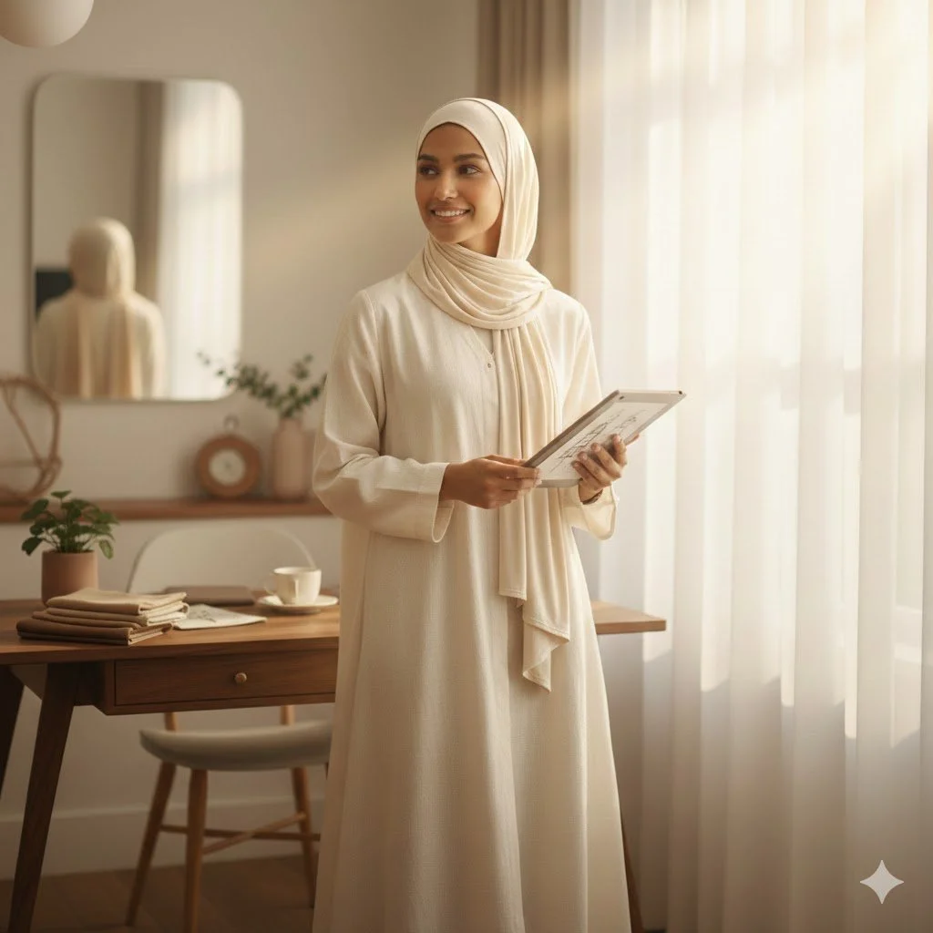 A woman wearing a beige hijab and a long beige dress standing in a sunlit room, holding a tablet and smiling, with a desk, a mirror, and curtains in the background.