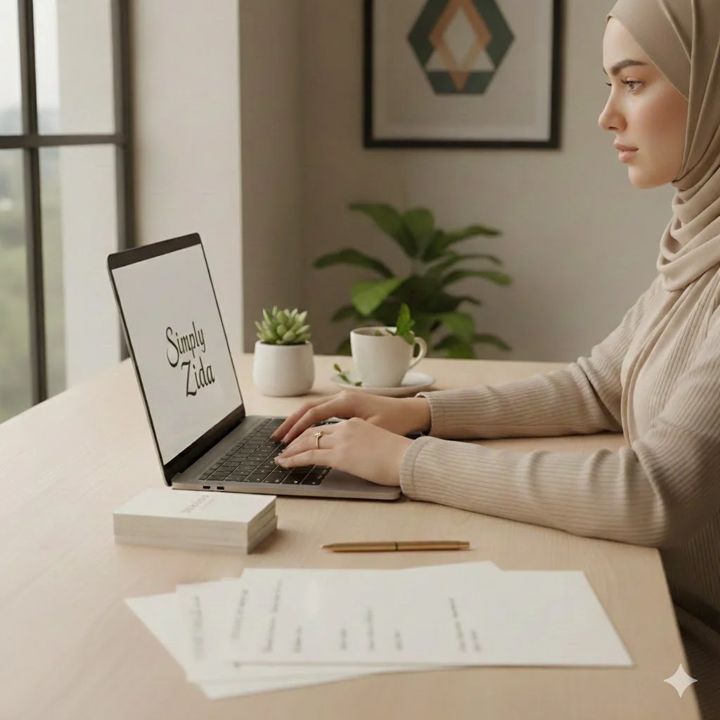 Woman wearing a hijab working on a laptop at a desk with notebooks, papers, a pen, a potted plant, and two cups, in a room with a window and framed artwork.