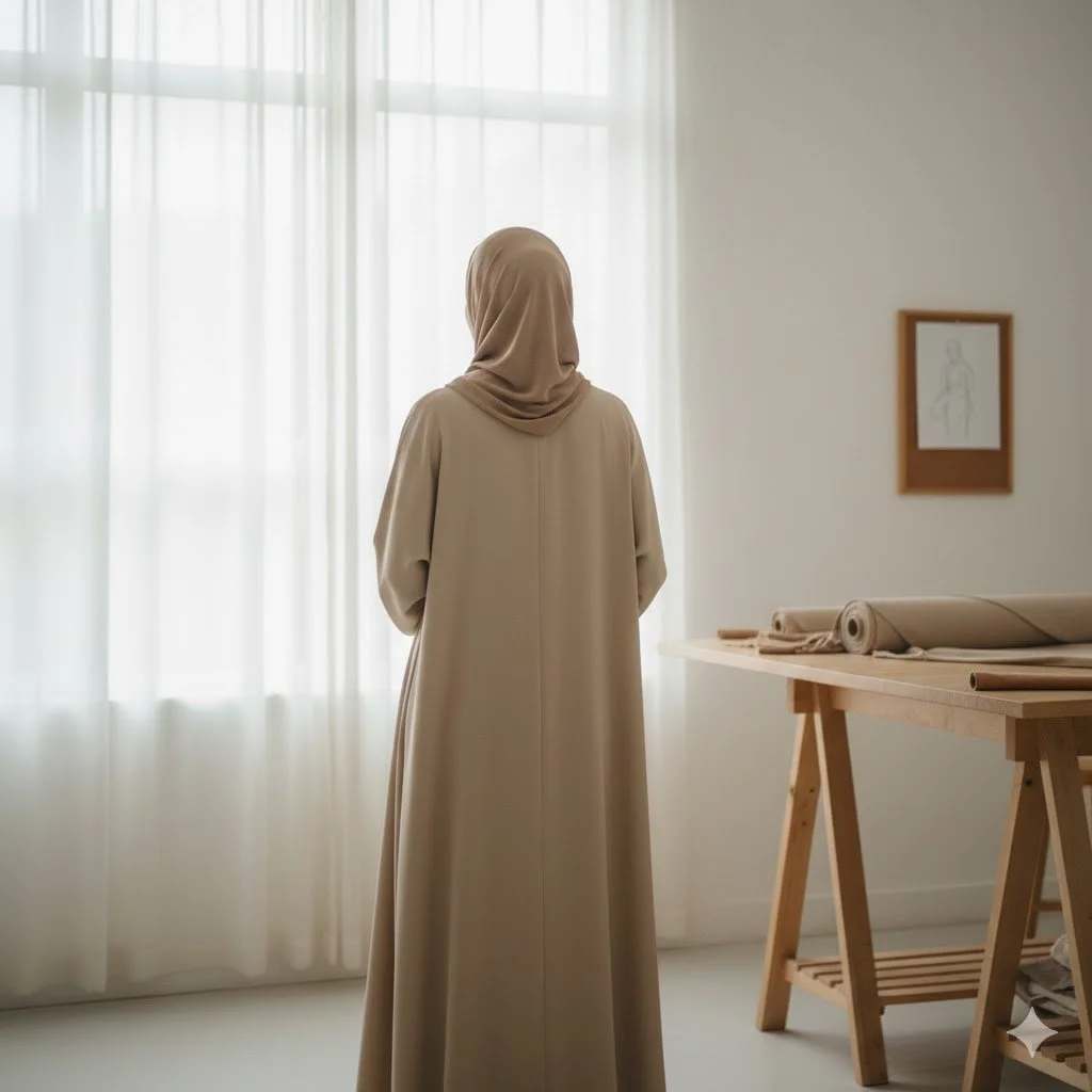 A woman wearing a beige hijab and long dress standing in a bright, minimalistic room with sheer curtains and a sketch on the wall, beside a wooden table with fabric rolls.