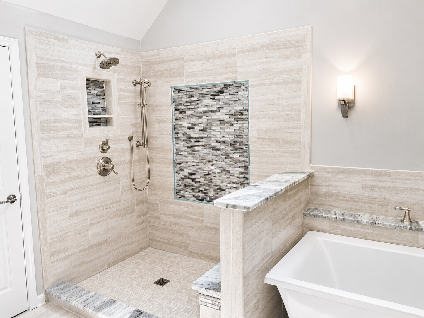 standing shower and bathtub remodel and tile