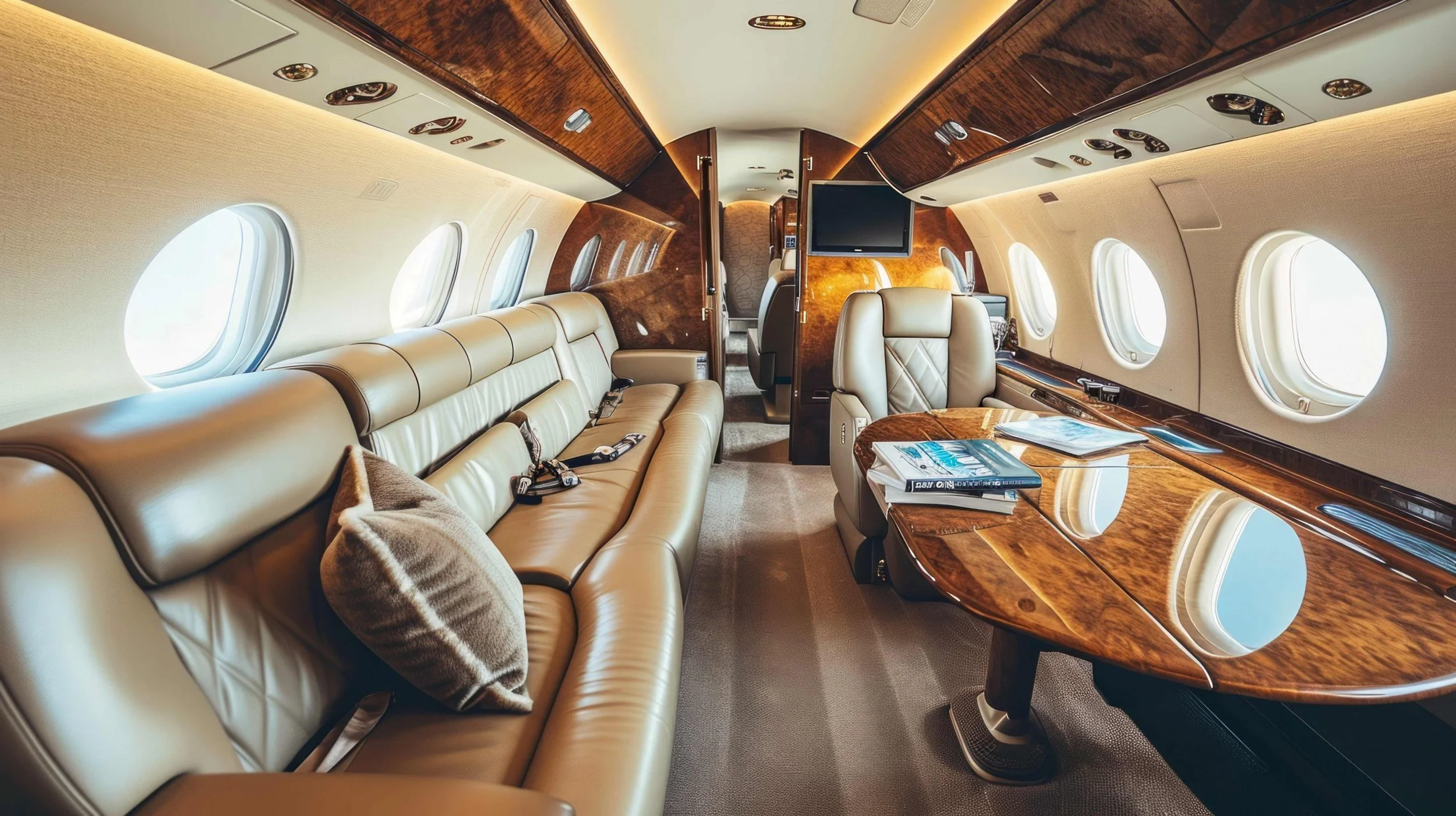 Interior of a private jet with beige leather seating, wooden accents, a TV screen, and large oval windows.