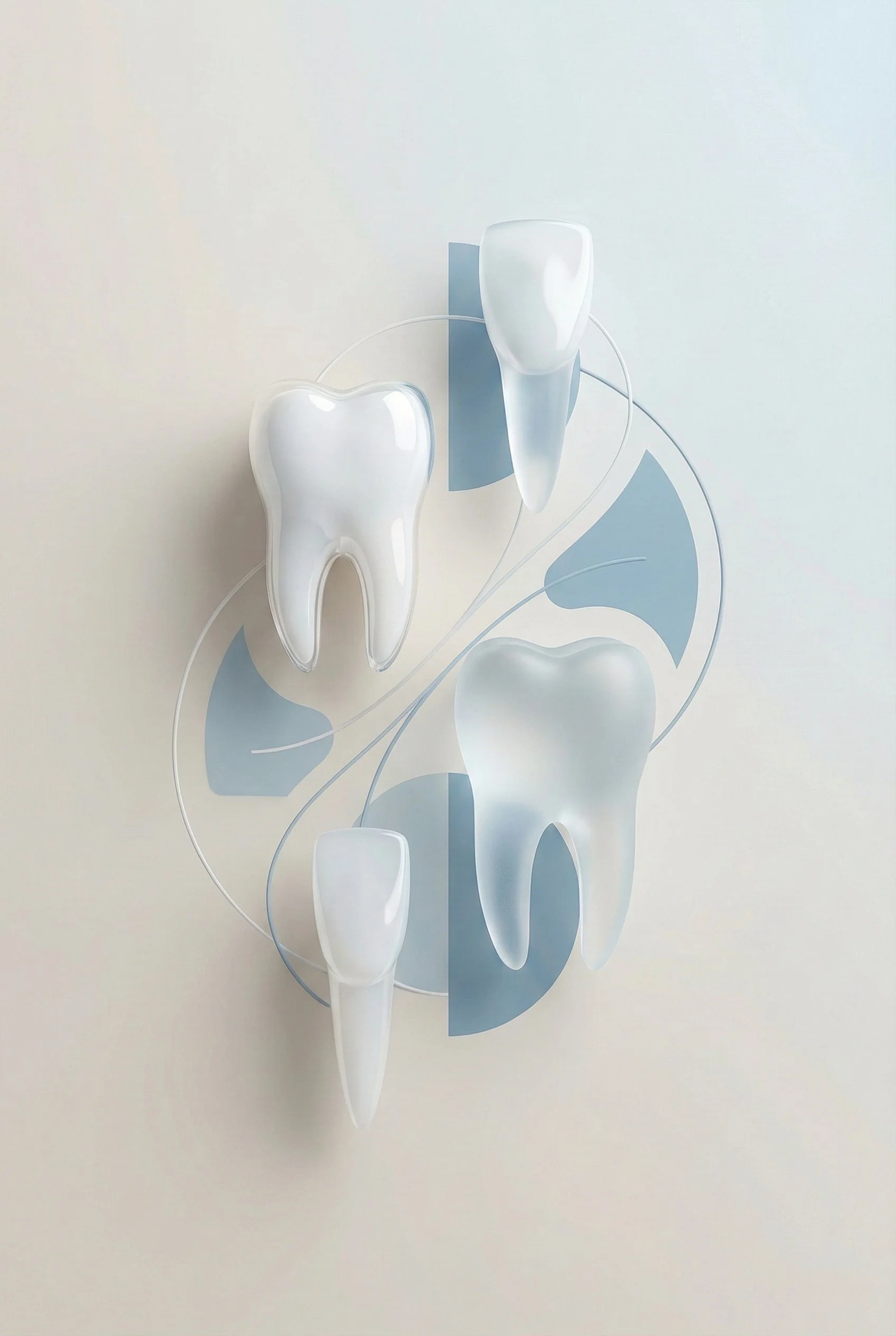 Decorative wall art of four white teeth sculptures with abstract blue and white background elements.