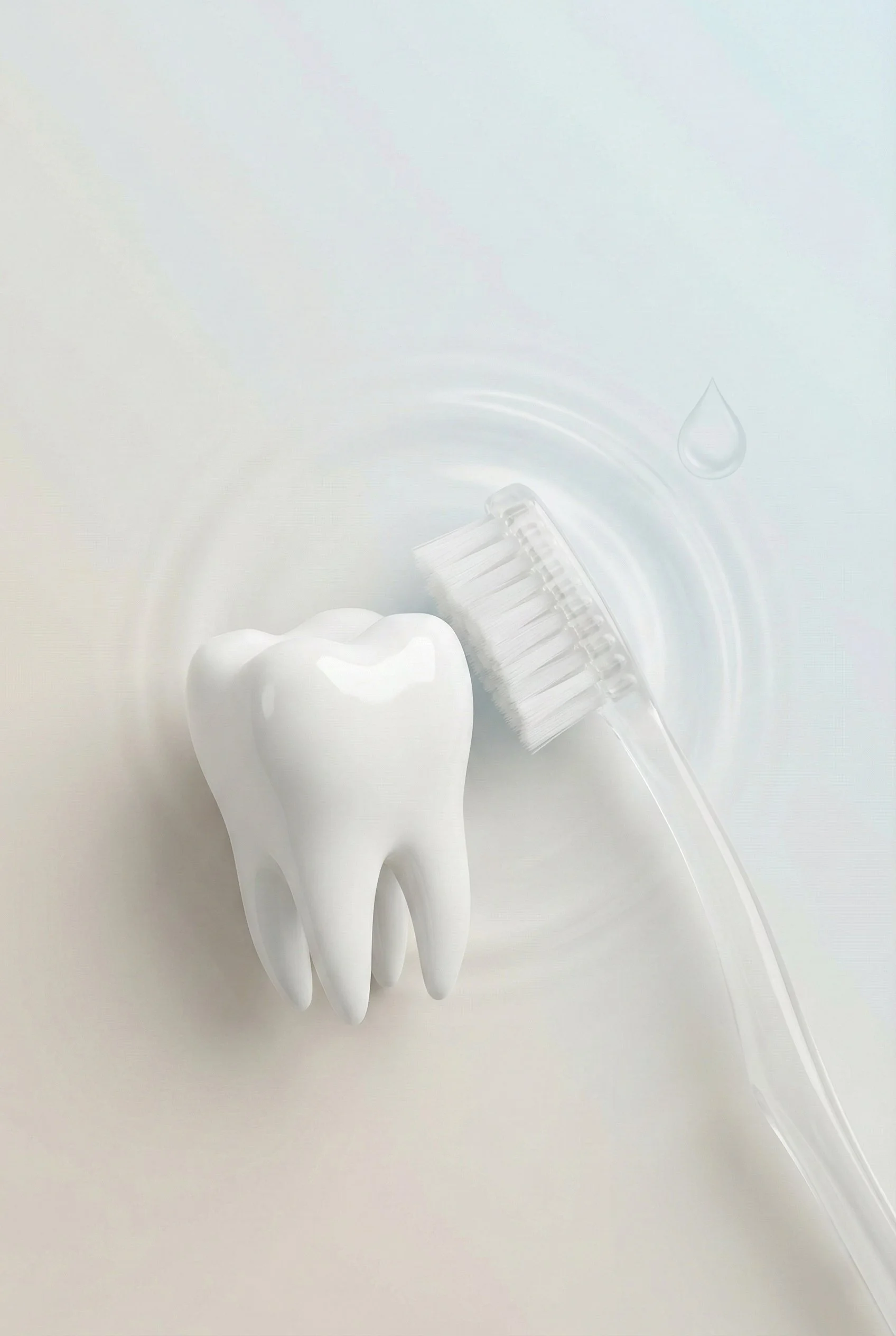 A toothbrush, a model of a tooth, and a drop of water on a white surface.