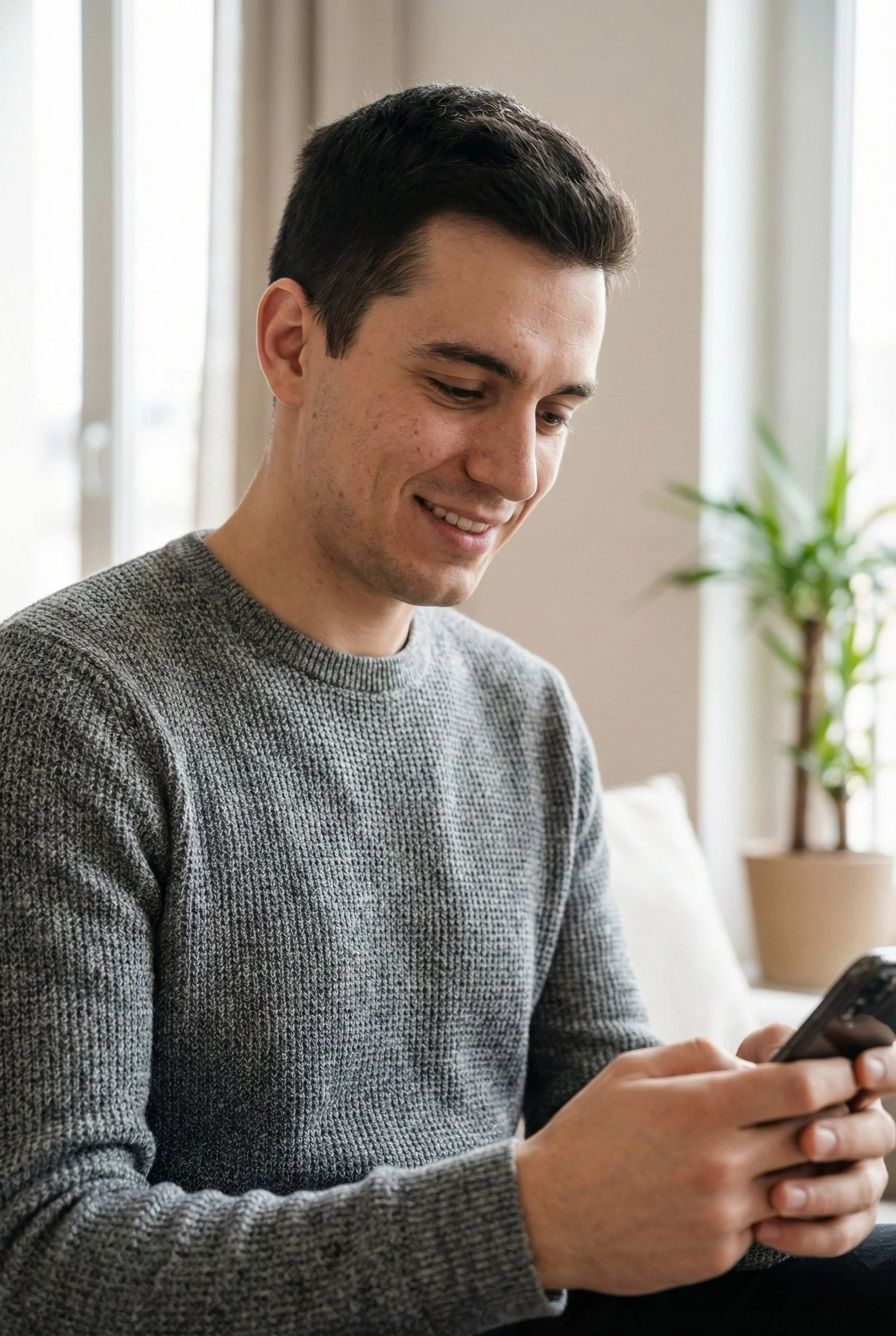 Young man with dark hair and light skin, smiling and looking at smartphone, wearing a gray sweater, sitting indoors with a window and potted plant in the background.