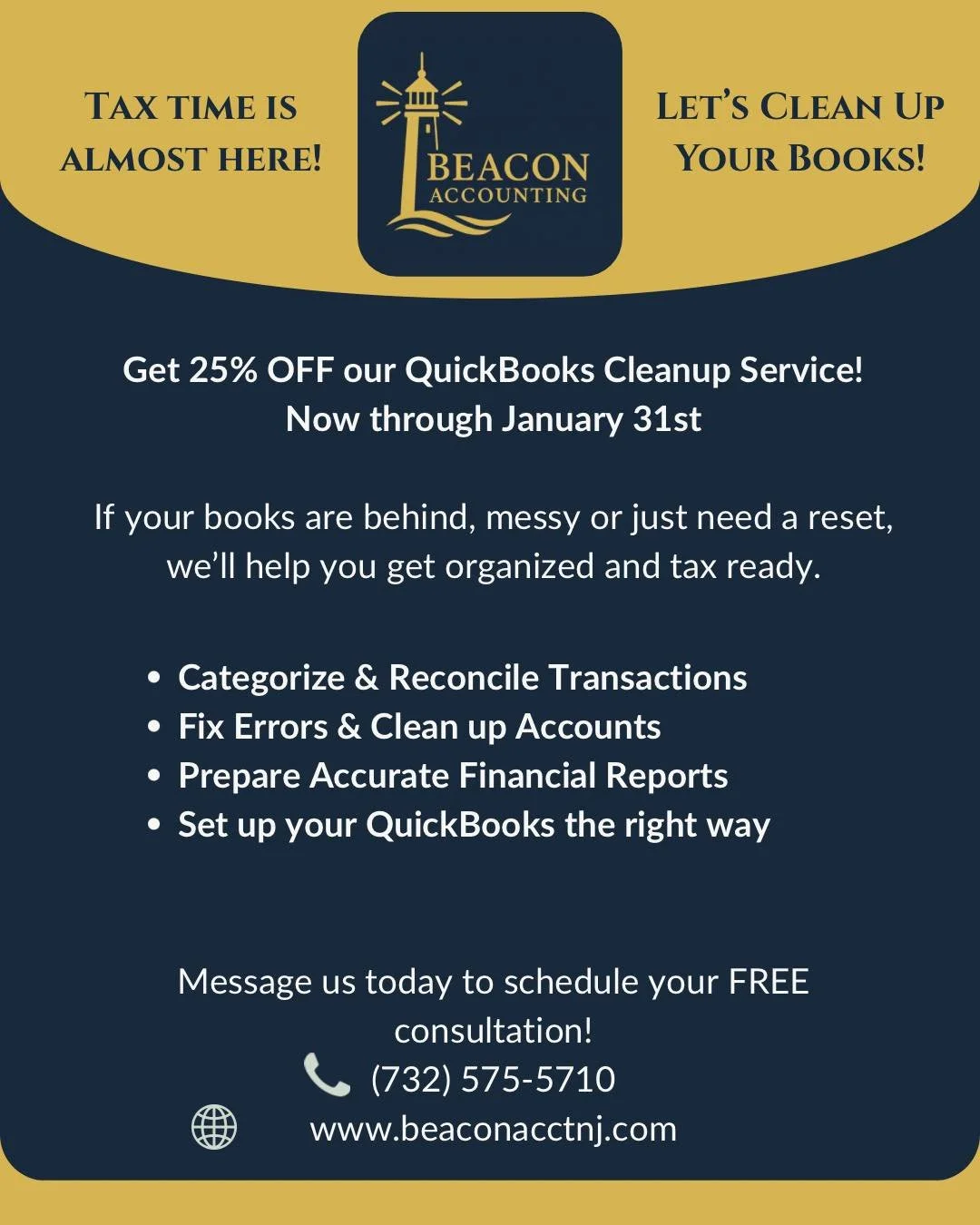Are your books a mess? You're not alone!

It&rsquo;s a new year and now is the time to clean up your messy books before you file taxes.

For a limited time, get 25% OFF our QuickBooks Cleanup Service. Let us help you get organized, accurate, and tax-