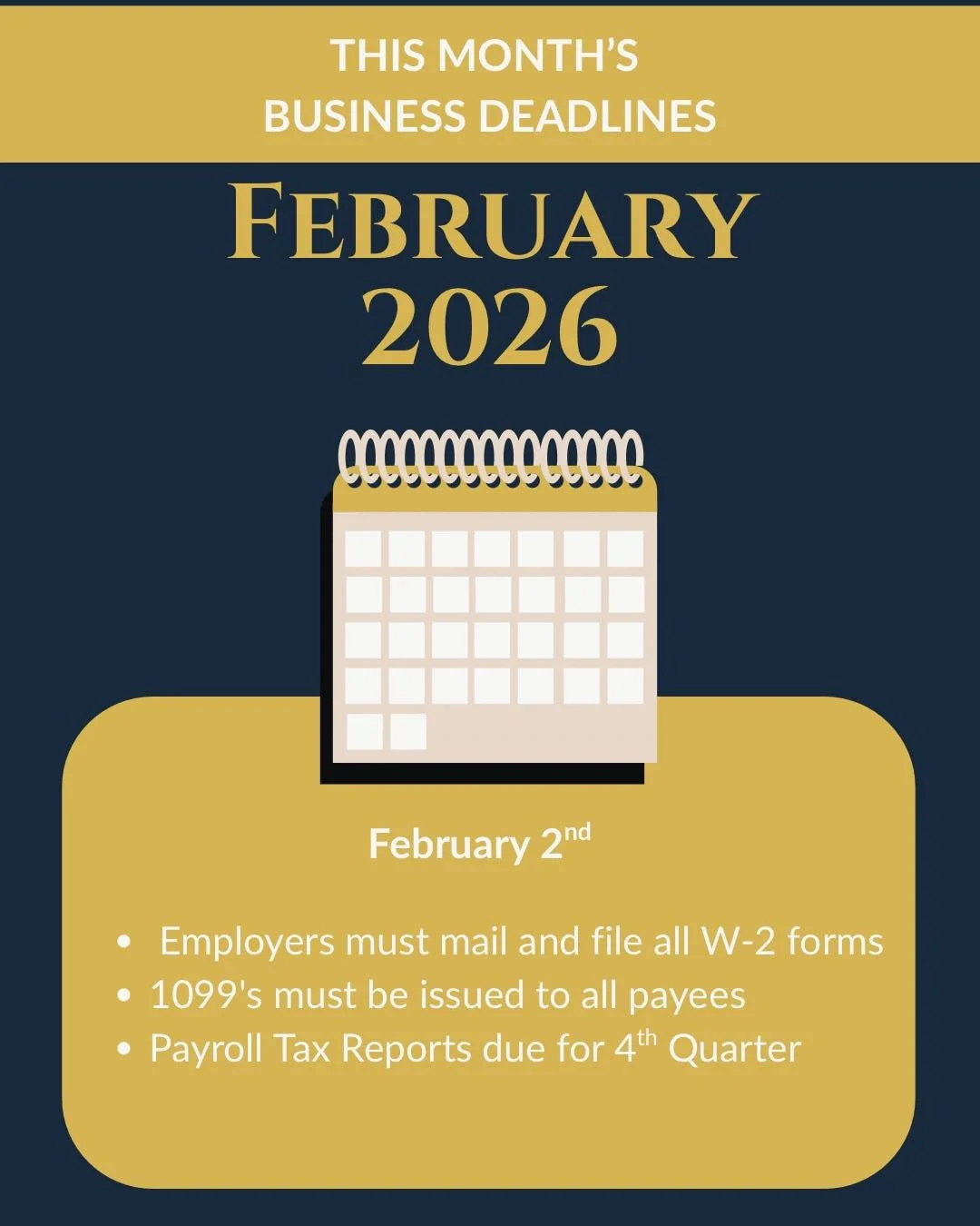 February is quieter on the calendar but important behind the scenes. This is the month to clean up anything missed in January and get tax documents finalized.

#tomsriverlocal #SmallBusinessSupport #cpa