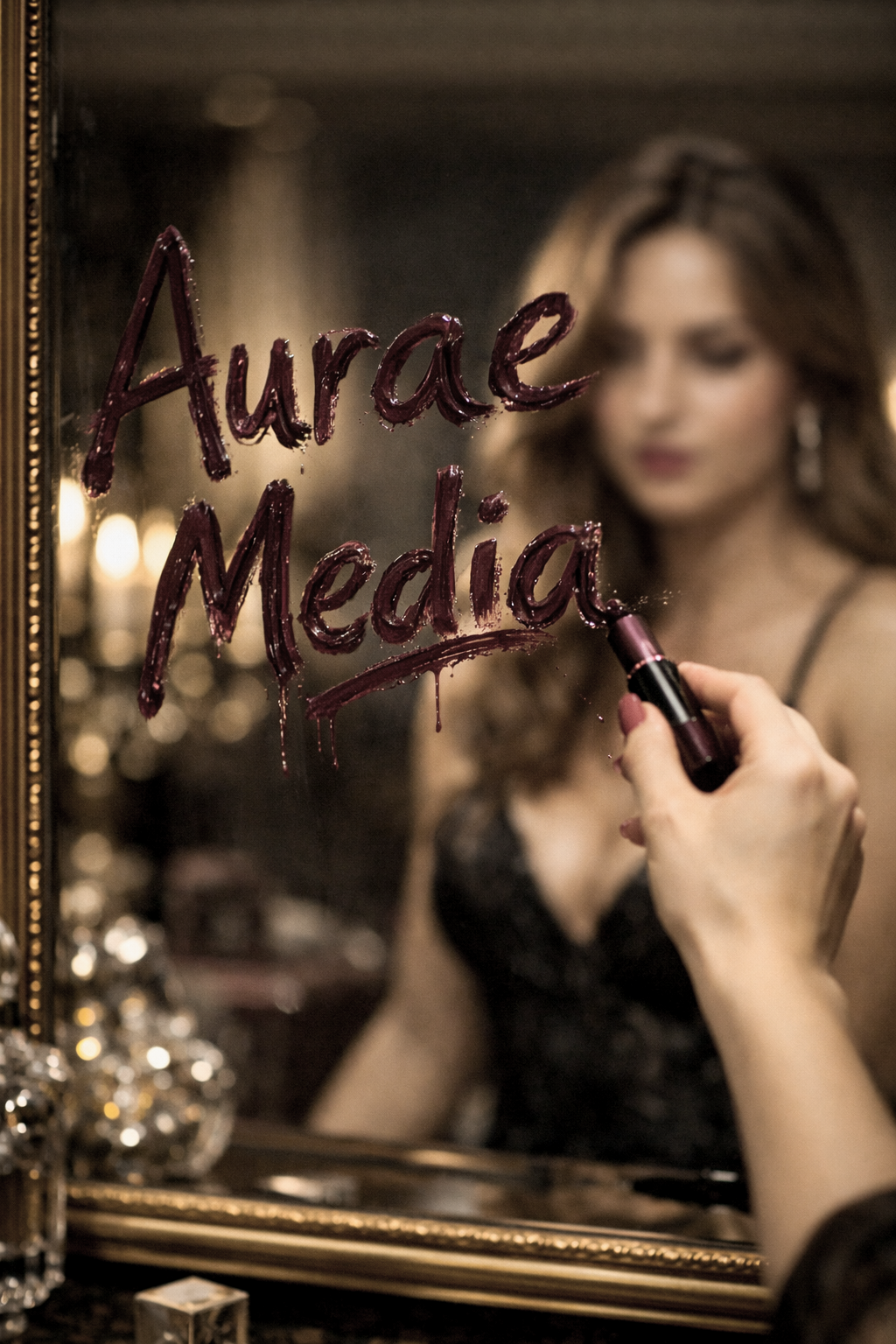 A woman writing the name "Aurae Media" on a mirror with lipstick in a dimly lit room, with blurred background candles and decorative objects.