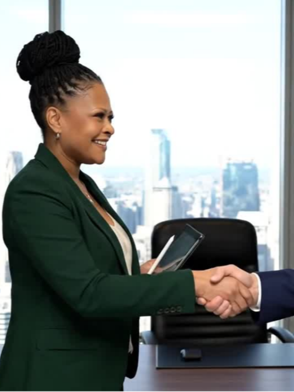 Businesswoman with braids in a conference room shaking hands with a man, holding a tablet, with a city skyline visible through the window.