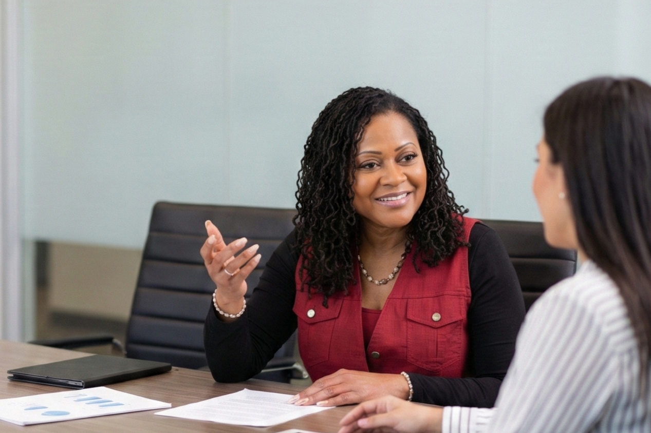 Two women having a discussion in a professional setting, sitting at a conference table with documents and a tablet.