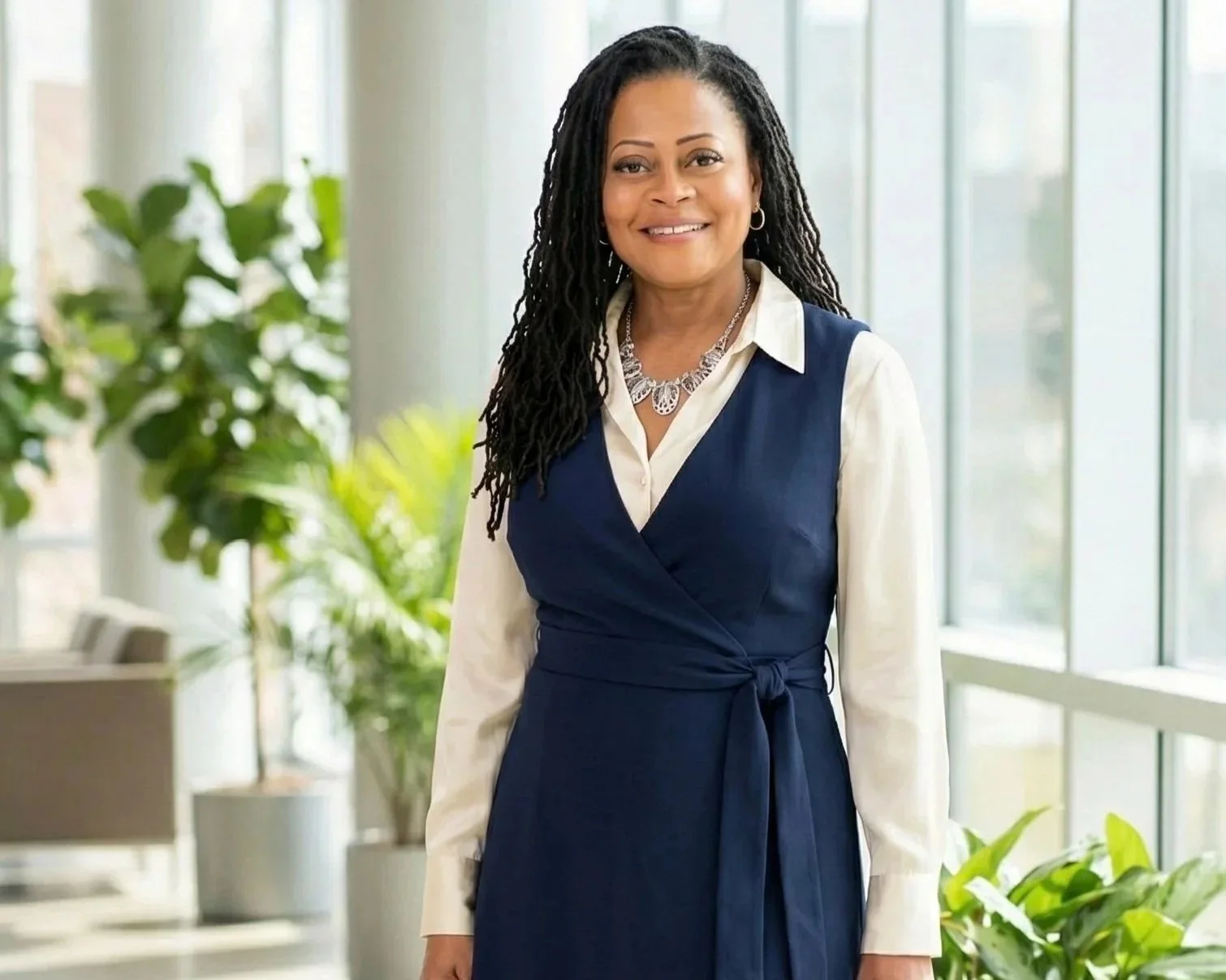 A woman with long curly hair wearing a white blouse and a navy blue dress standing indoors with large windows and green plants in the background.