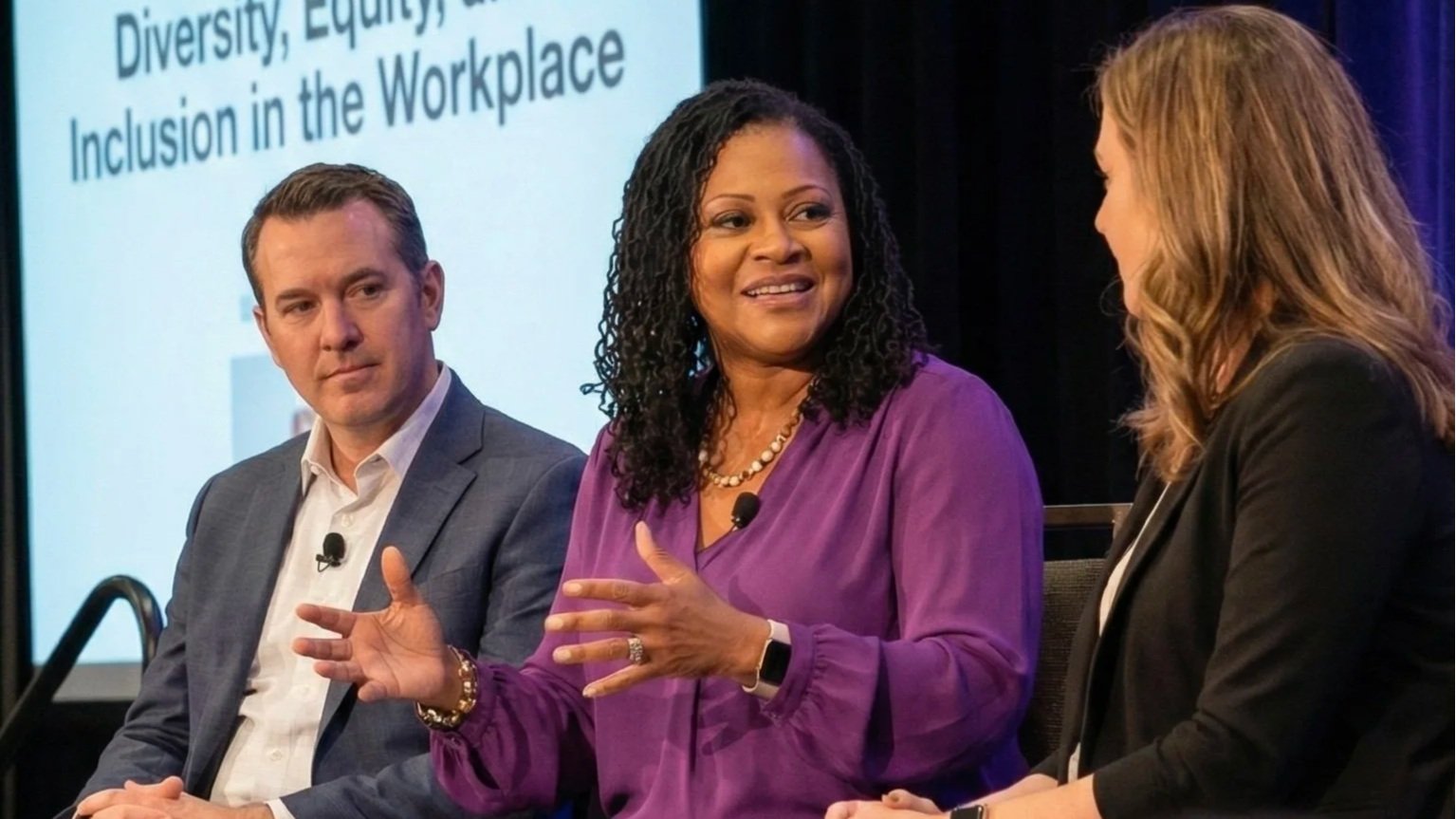 A panel discussion featuring three professionals, including a woman speaking and gesturing with her hands, a man on her left, and another woman on her right, with a presentation slide in the background about diversity, equity, and inclusion in the workplace.