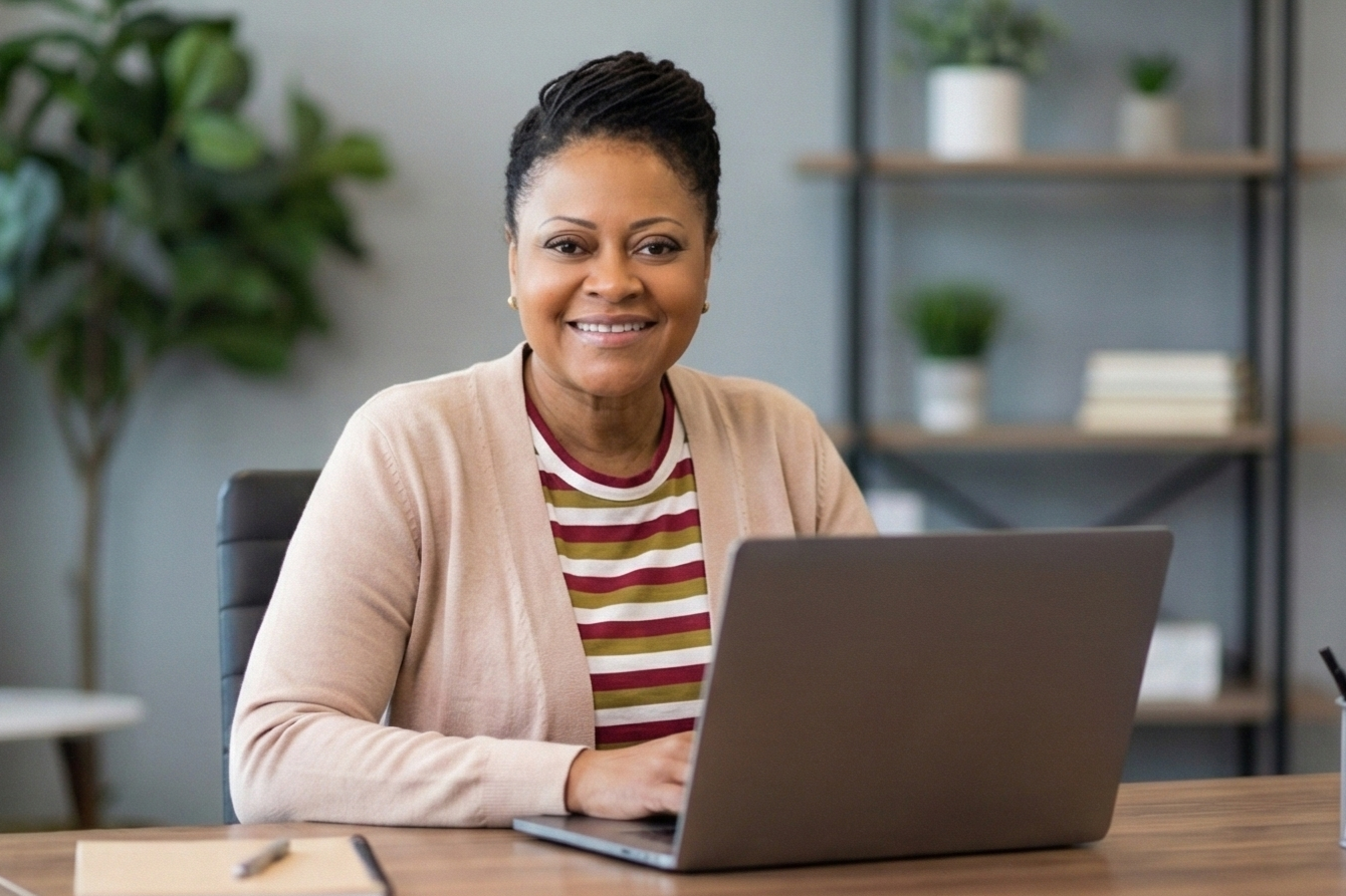 An African American woman smiling while sitting at a desk with a laptop in a modern office space.