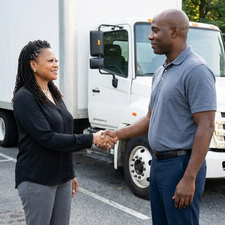 A woman and a man shaking hands in a parking lot with a white truck in the background.