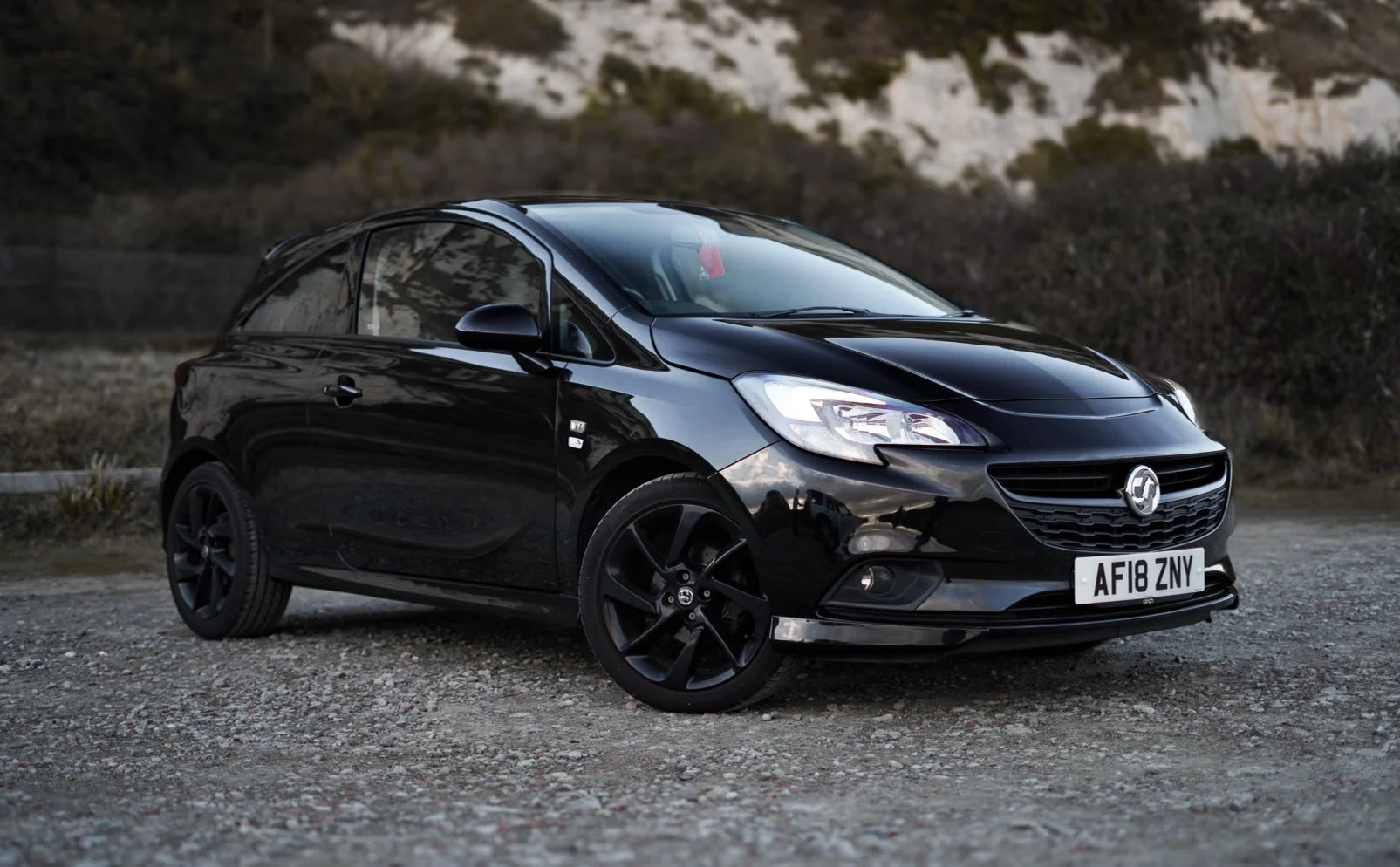 Black hatchback car parked on a gravel surface with bushes and trees in the background.