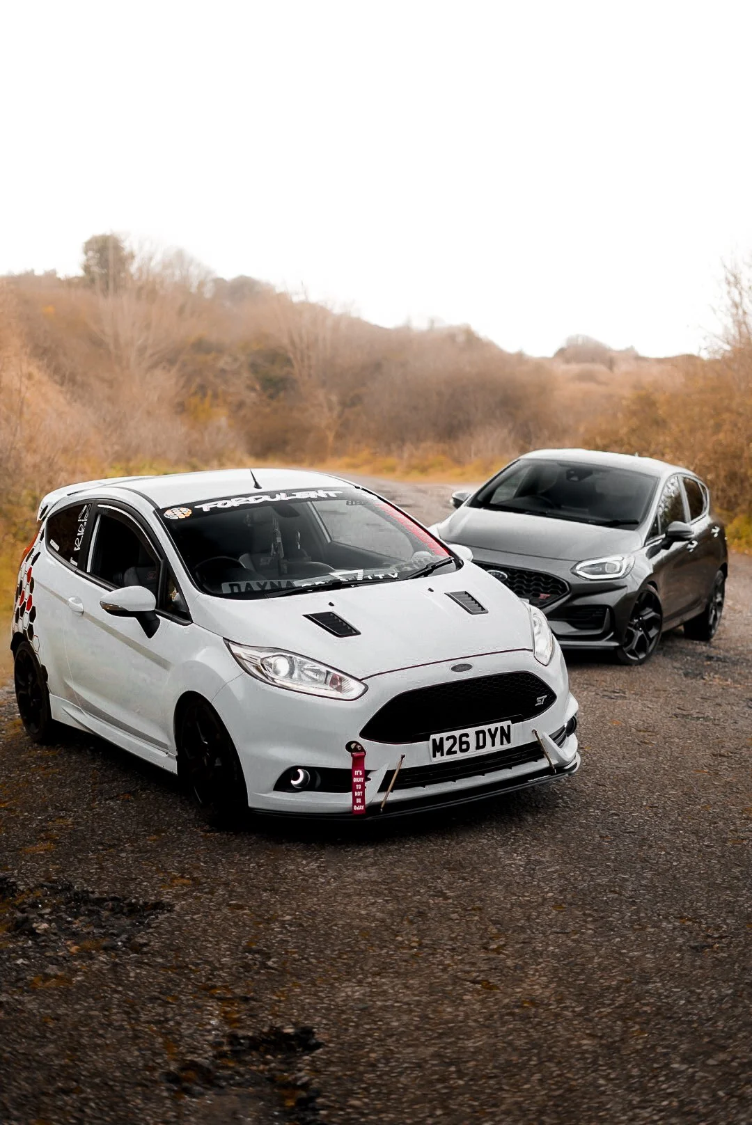 Two modern hatchback cars parked on gravel road with autumn trees in background.