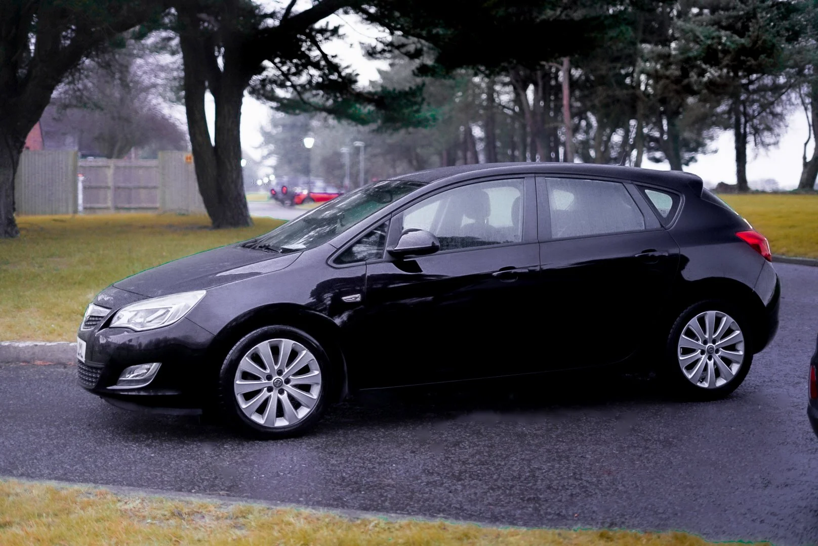 Black hatchback car parked on wet asphalt near grassy area with trees in background.
