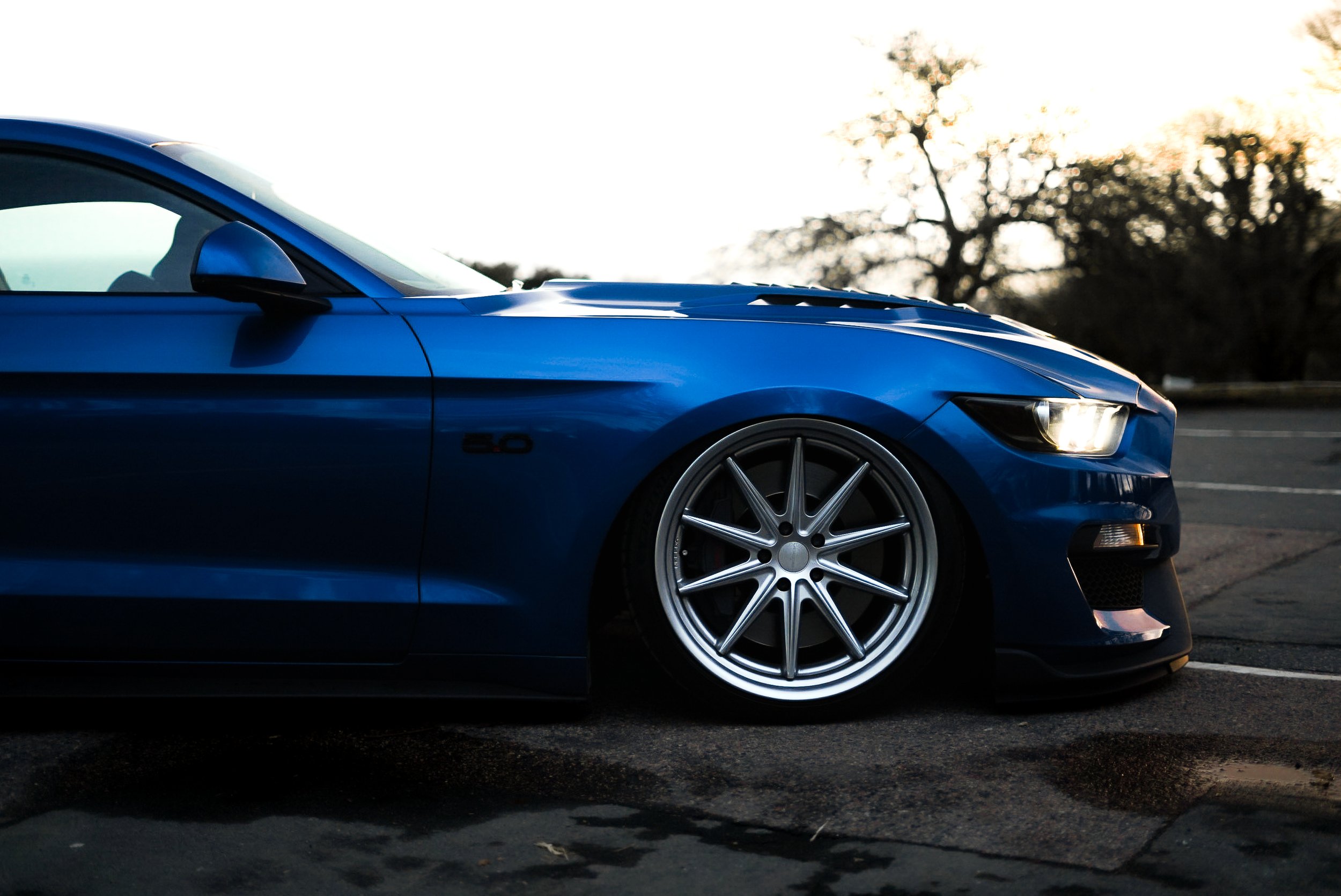 A blue sports car parked on the street at sunset with trees in the background.