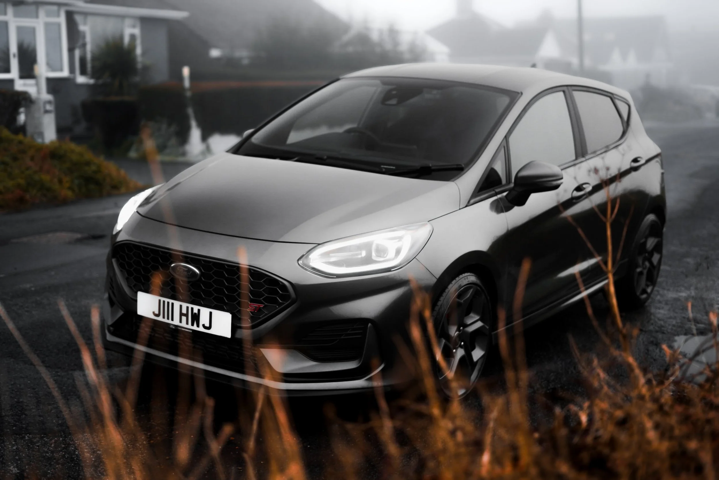 A black Ford Fiesta ST car parked on a street, with a grey house and plants in the background, and some orange grass in the foreground.