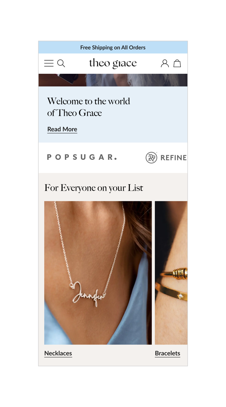 Contemporary fashion jewellery brand identity and website design for Theo Grace by Nicky Hilton, showcasing clean layouts, bold typography and campaign imagery.