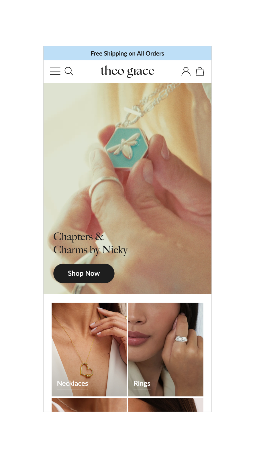 Contemporary fashion jewellery brand identity and website design for Theo Grace by Nicky Hilton, showcasing clean layouts, bold typography and campaign imagery.