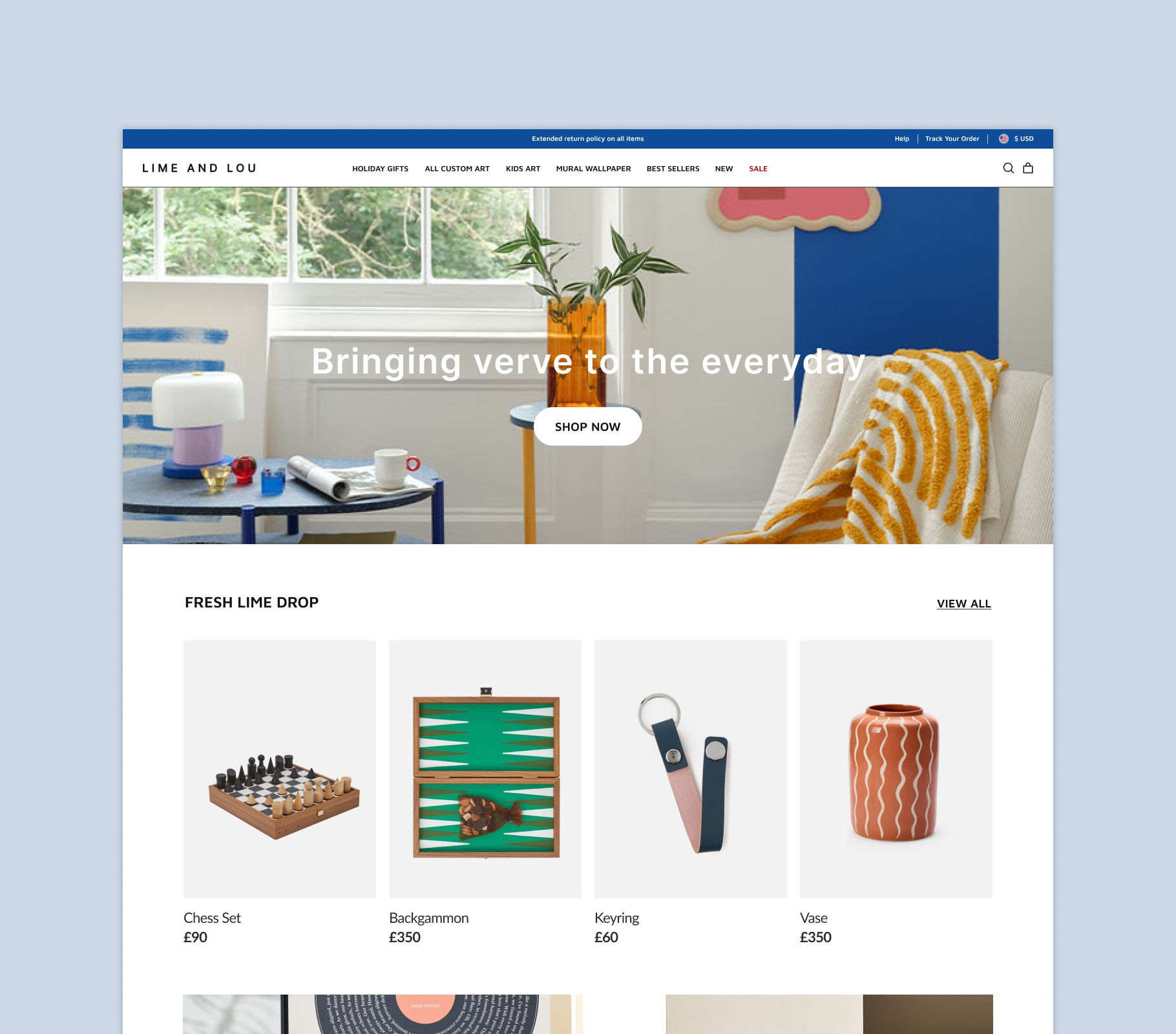 Lime & Lou brand identity and website design showcasing bold colour, playful interiors and a contemporary homeware aesthetic.
