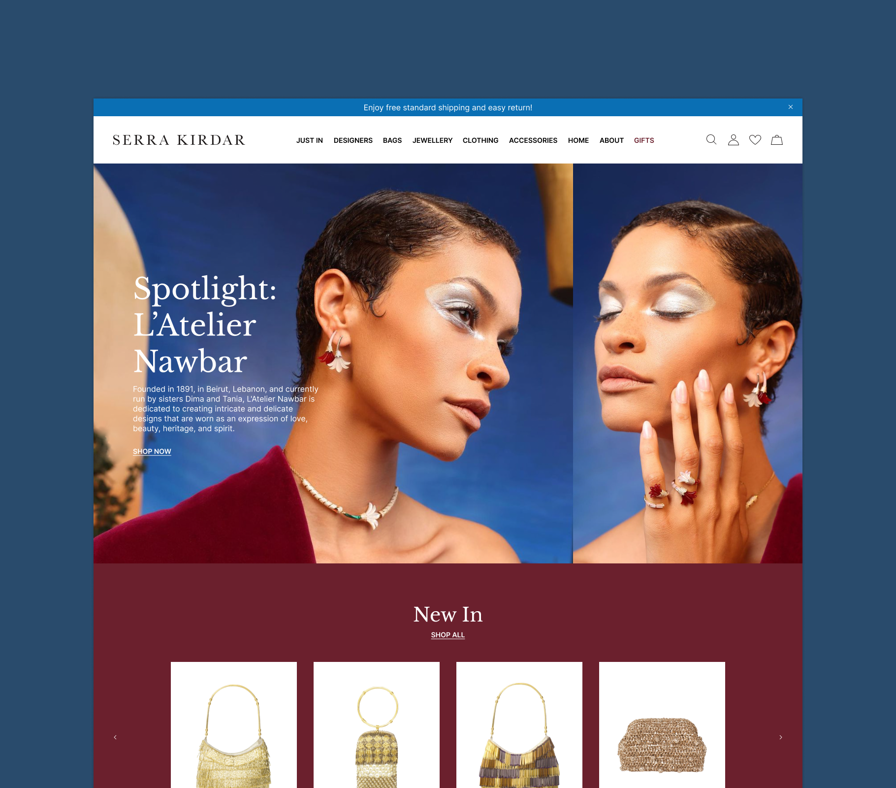 Serra Kirdar website design showcasing luxury fashion and jewellery e-commerce with editorial layouts and curated product storytelling.