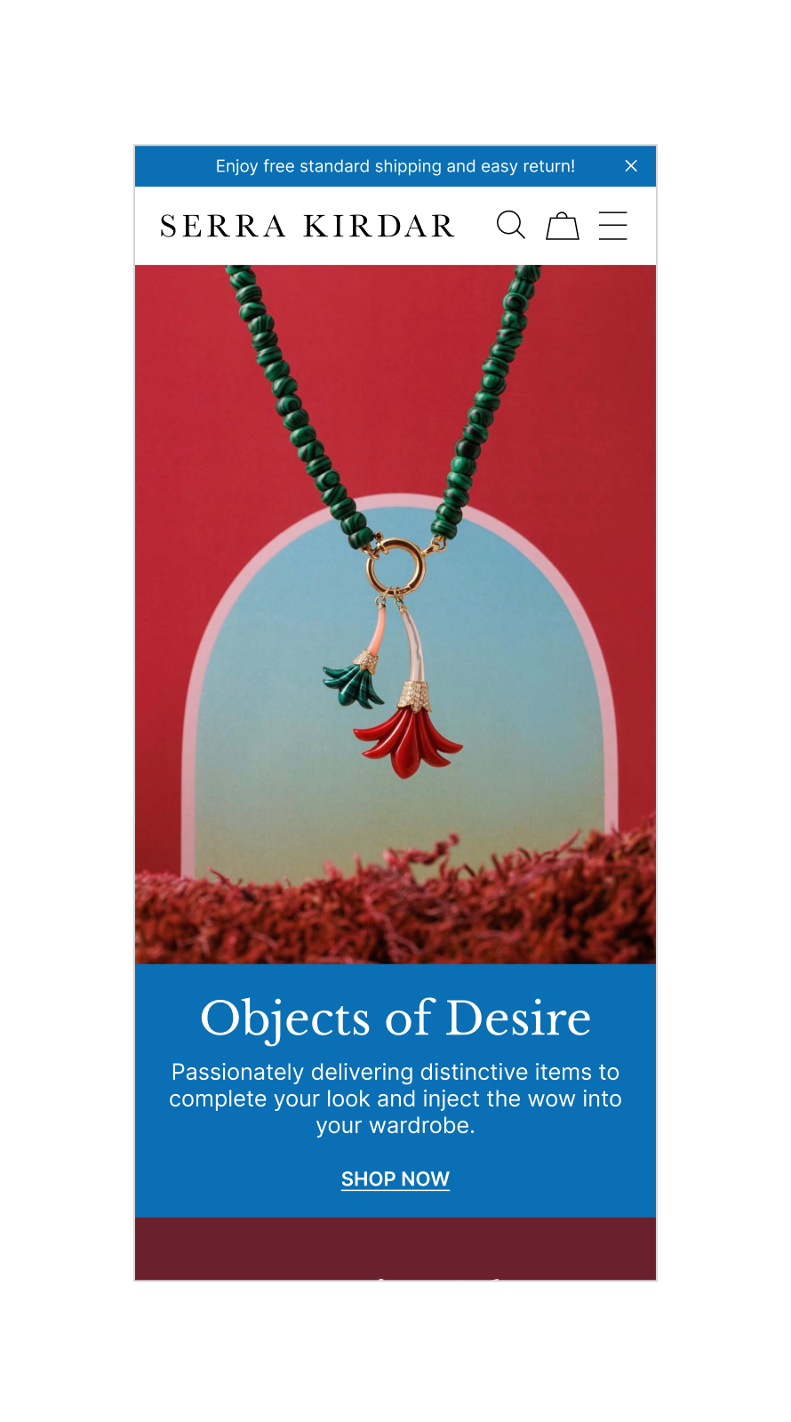 Serra Kirdar website design showcasing luxury fashion and jewellery e-commerce with editorial layouts and curated product storytelling.