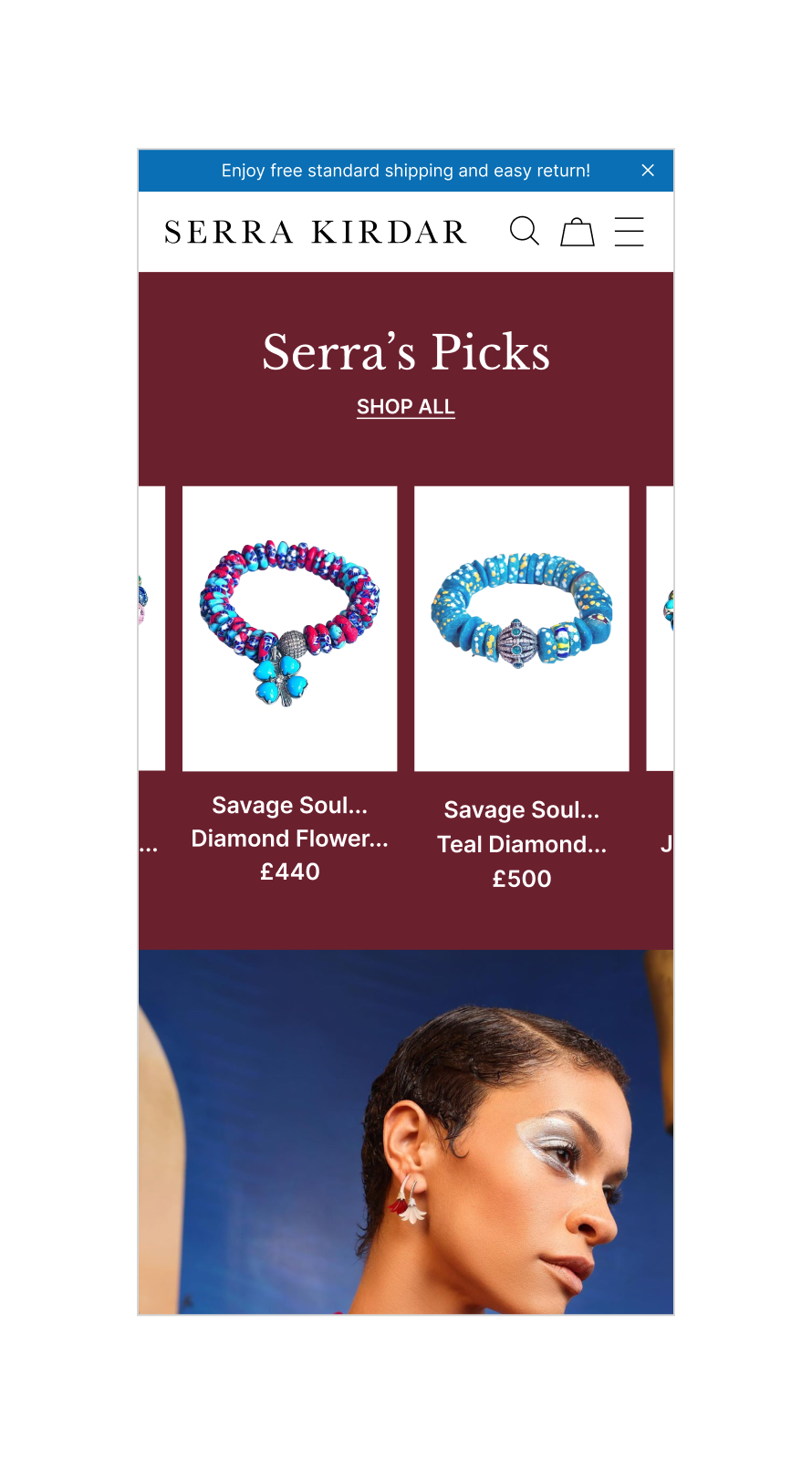 Serra Kirdar website design showcasing luxury fashion and jewellery e-commerce with editorial layouts and curated product storytelling.