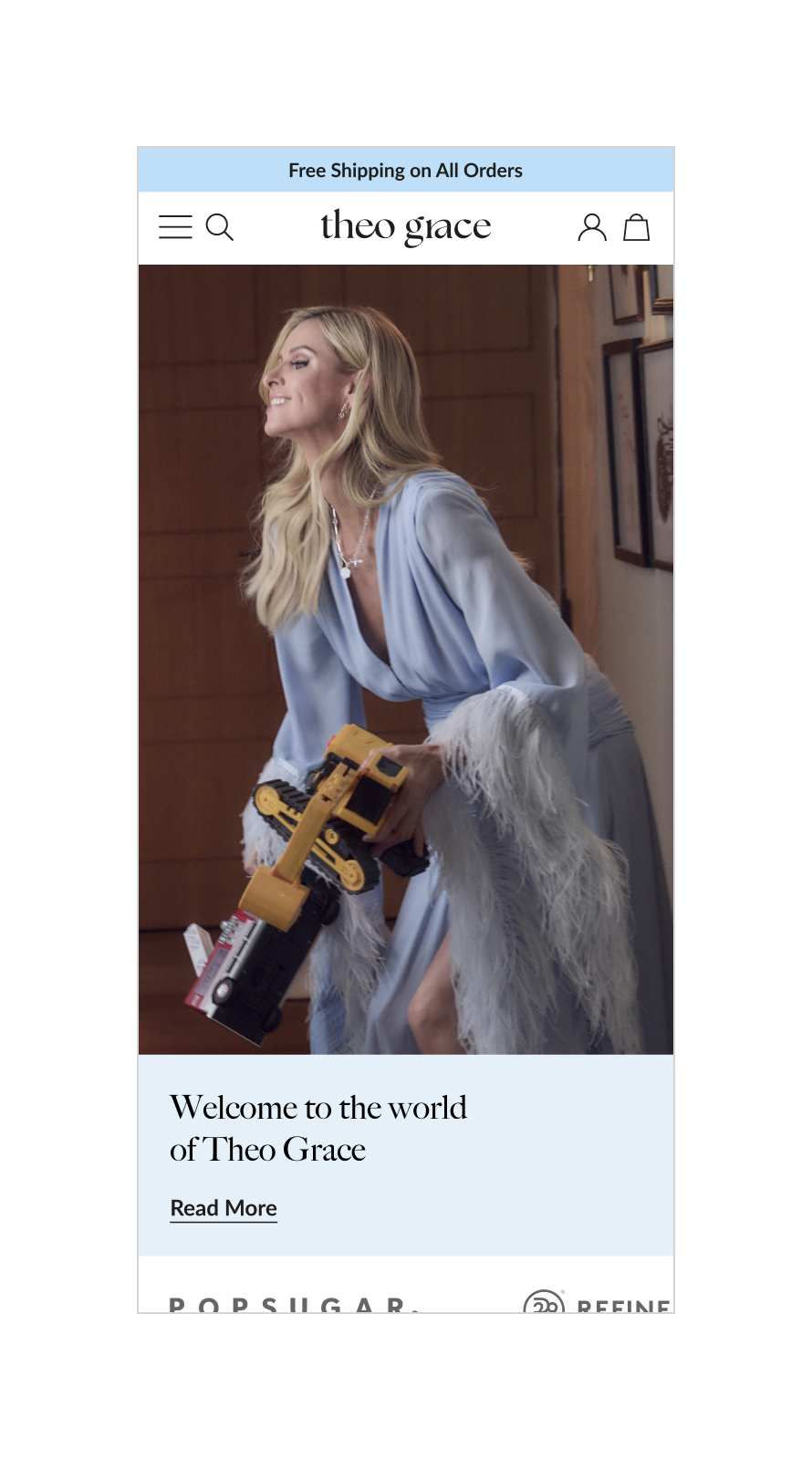 Contemporary fashion jewellery brand identity and website design for Theo Grace by Nicky Hilton, showcasing clean layouts, bold typography and campaign imagery.