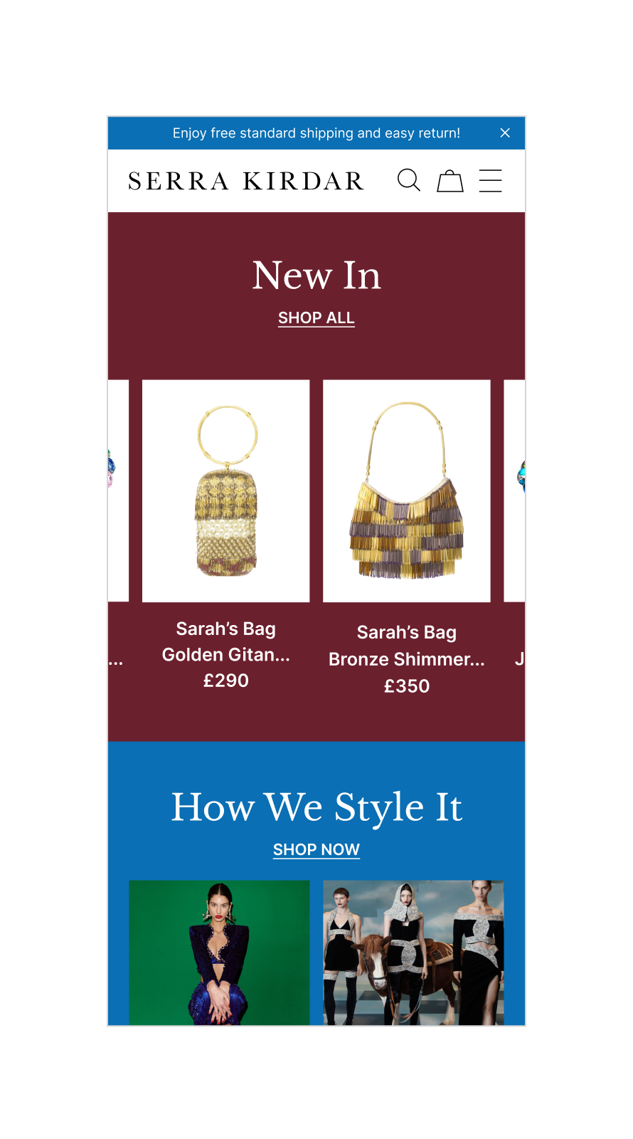 Serra Kirdar website design showcasing luxury fashion and jewellery e-commerce with editorial layouts and curated product storytelling.