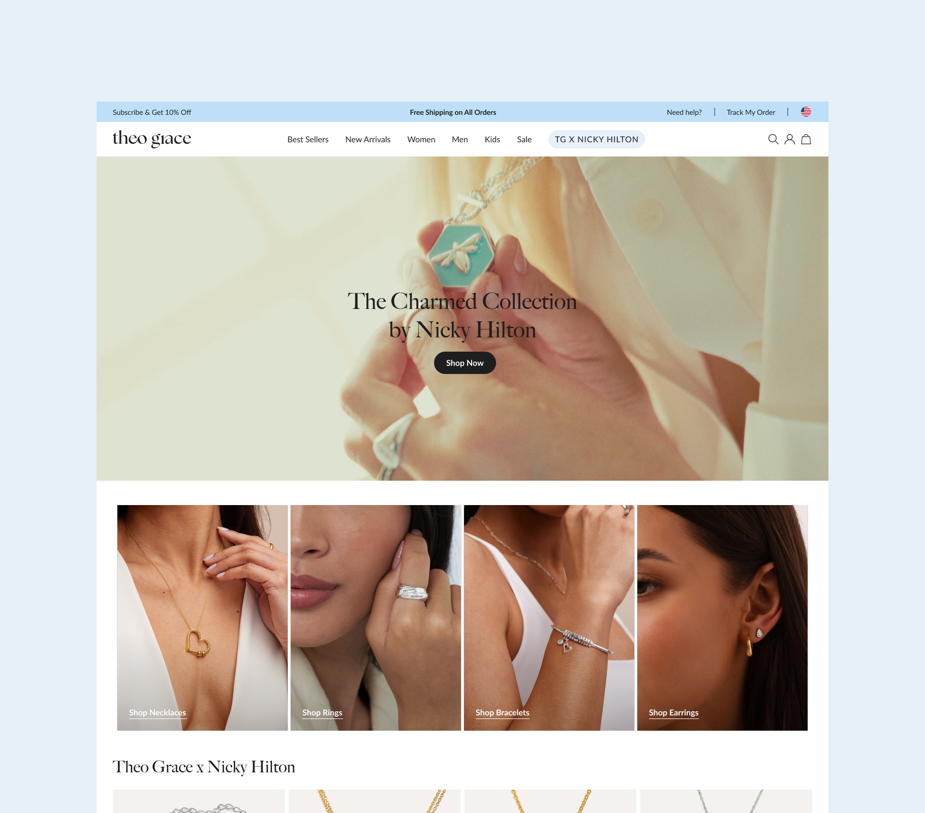 Contemporary fashion jewellery brand identity and website design for Theo Grace by Nicky Hilton, showcasing clean layouts, bold typography and campaign imagery.