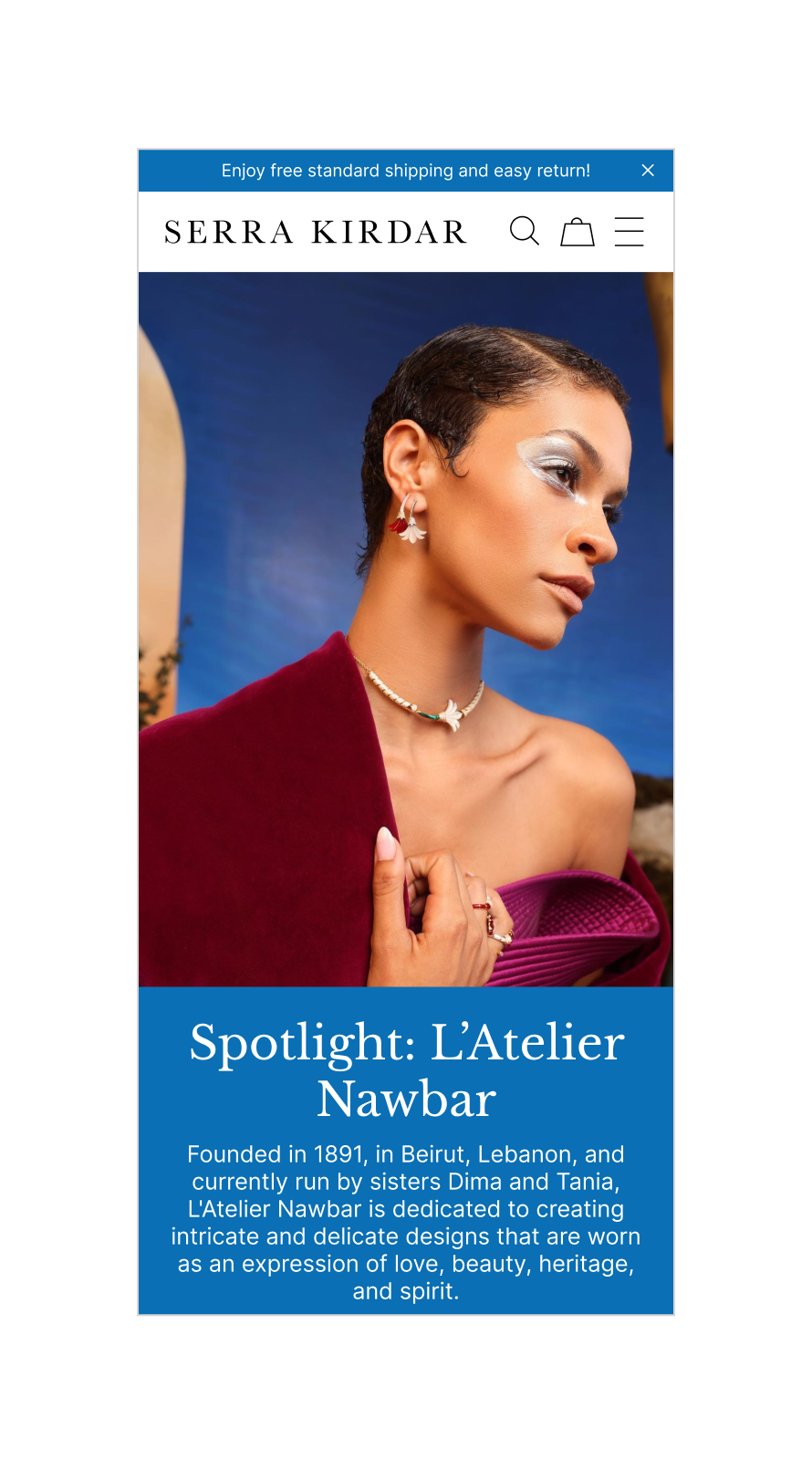 Serra Kirdar website design showcasing luxury fashion and jewellery e-commerce with editorial layouts and curated product storytelling.