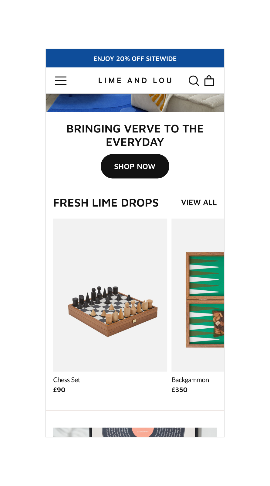 Website design for Lime & Lou, a London-based lifestyle and homeware brand, featuring a colourful, design-led e-commerce experience.